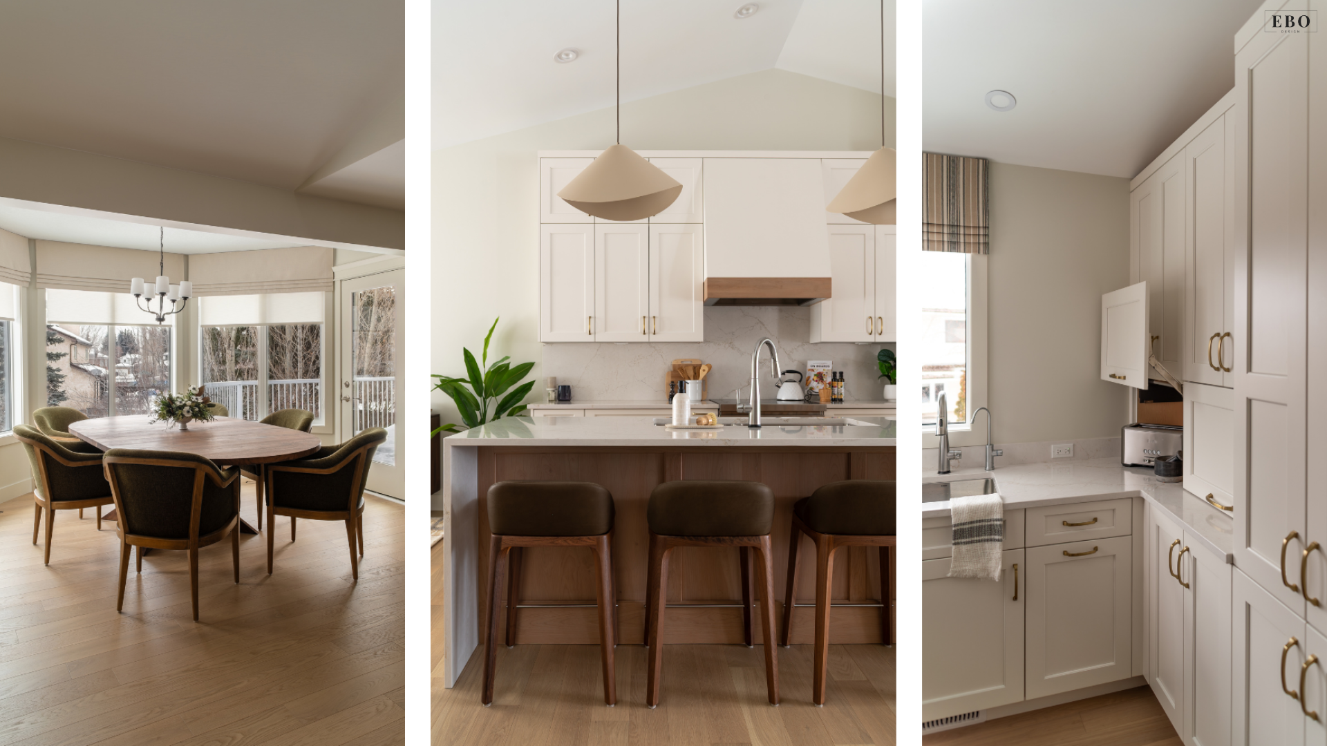 Three-panel view of an open-concept dining area with green velvet chairs, a kitchen island with brown barstools, and a window sink workspace.