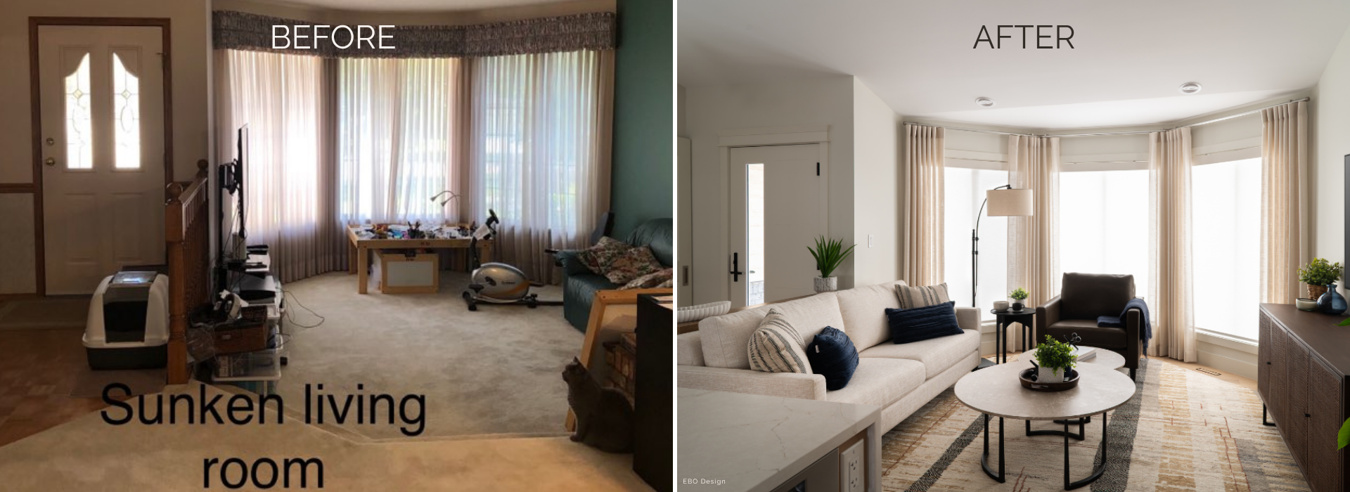 A side-by-side before and after comparison of a living room renovation. The dated, cluttered sunken living room is transformed into a bright, modern space with neutral furniture and airy window treatments.