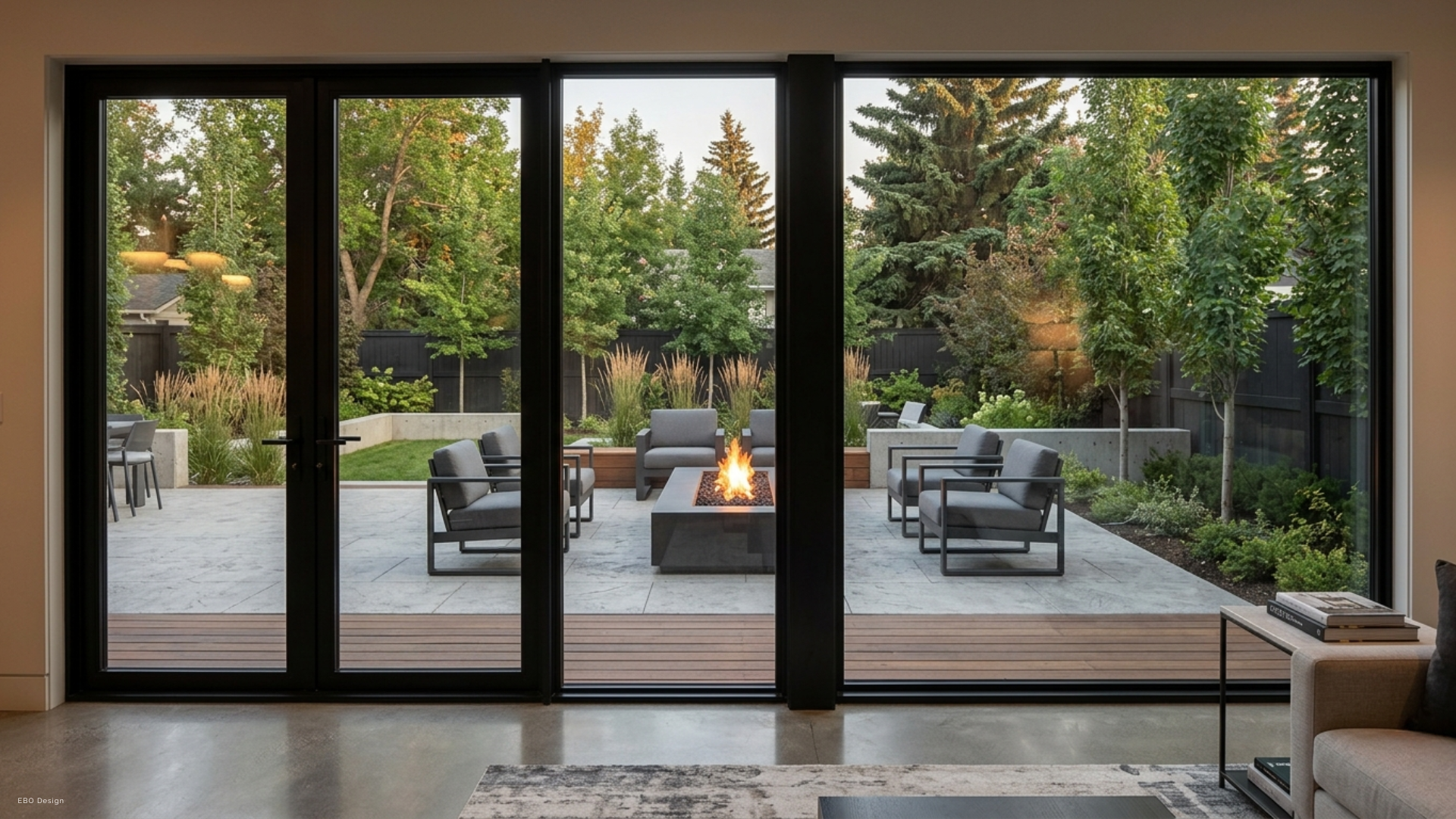 View through large black-framed glass doors showing a seamless transition to a modern patio with a square fire pit and gray seating.
