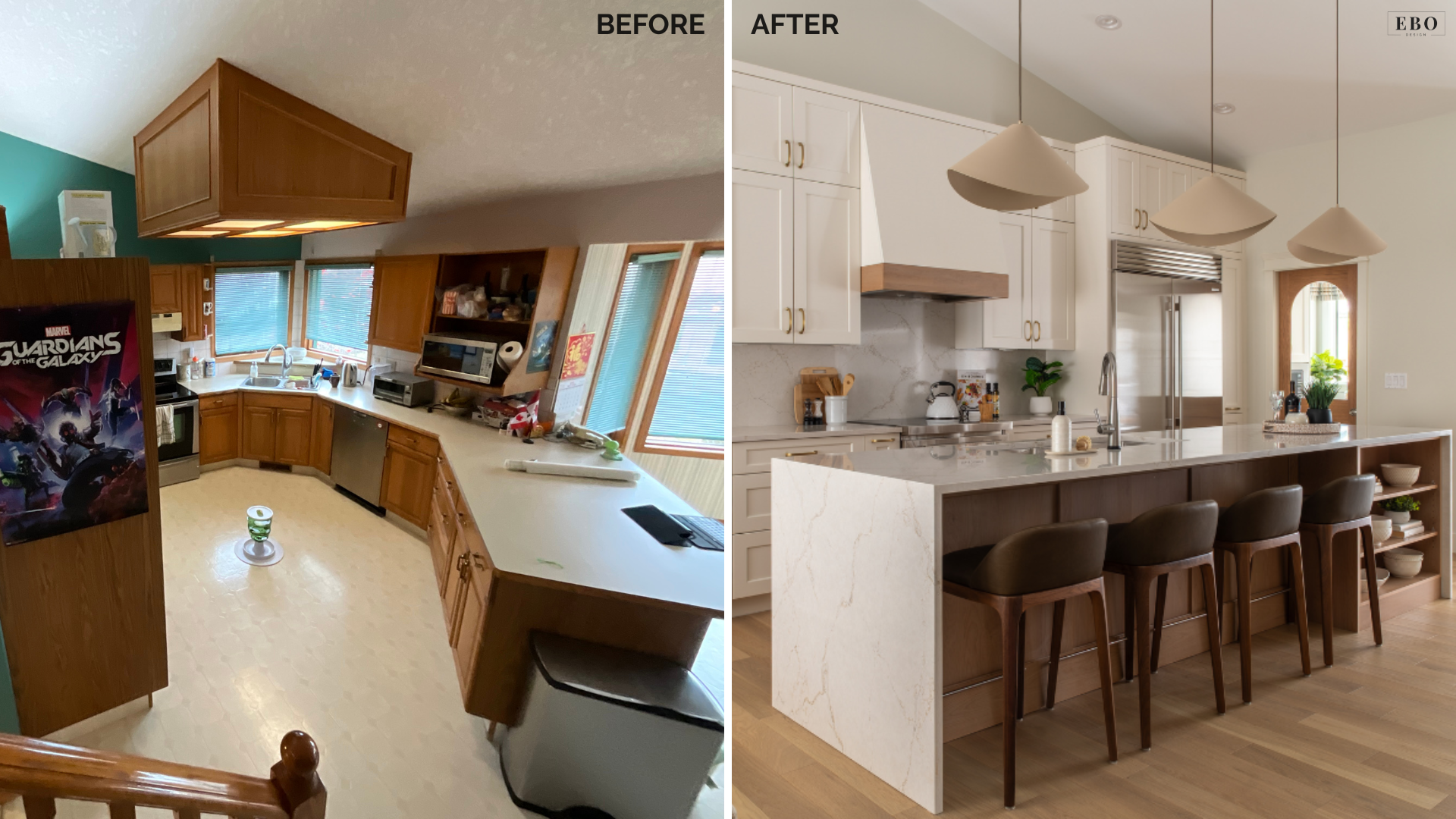 Side-by-side before and after kitchen renovation photo showing a transition from outdated oak cabinets to a modern open-concept island with quartz waterfall counters.
