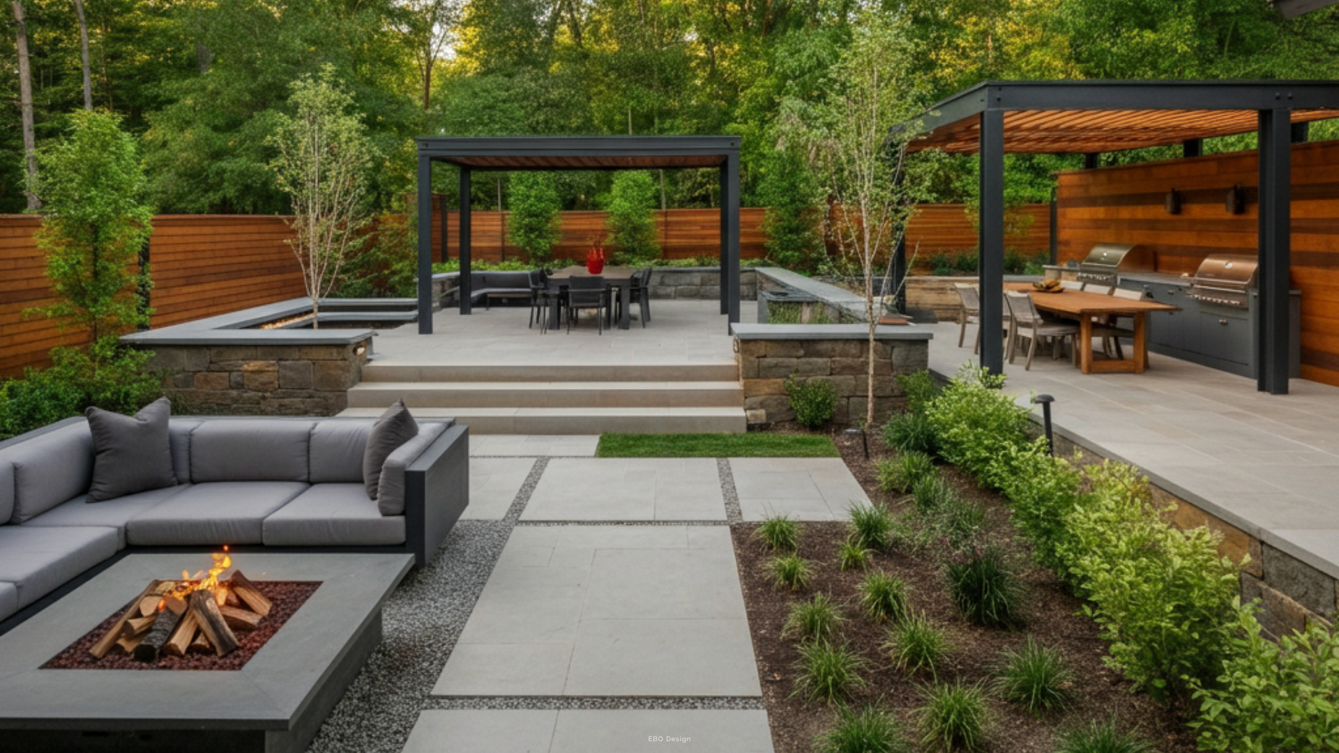A multi-level outdoor living space with stone retaining walls, dual pergolas, an outdoor kitchen, and a fire pit area.
