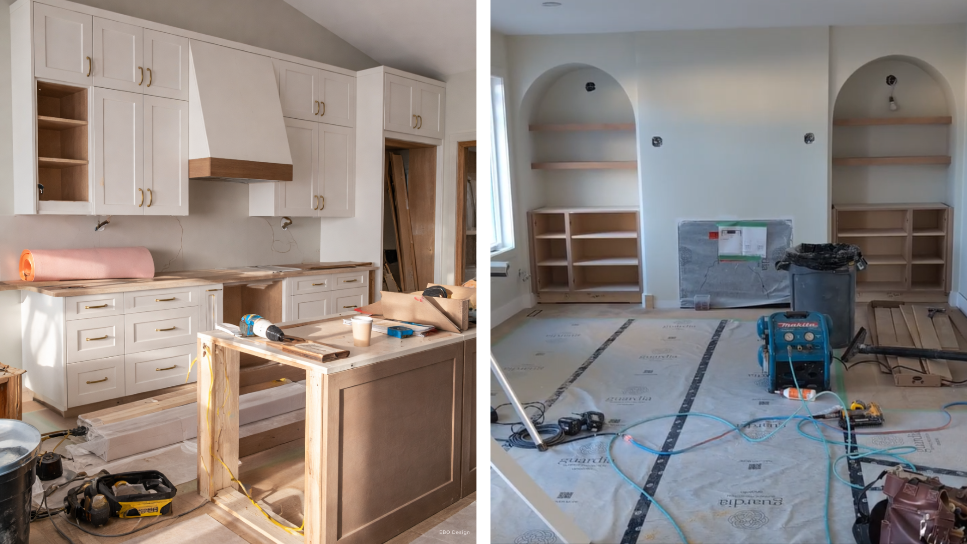 Side-by-side view of a new kitchen being installed with white cabinets, next to a living room with an arched alcove fireplace, mid-construction.
