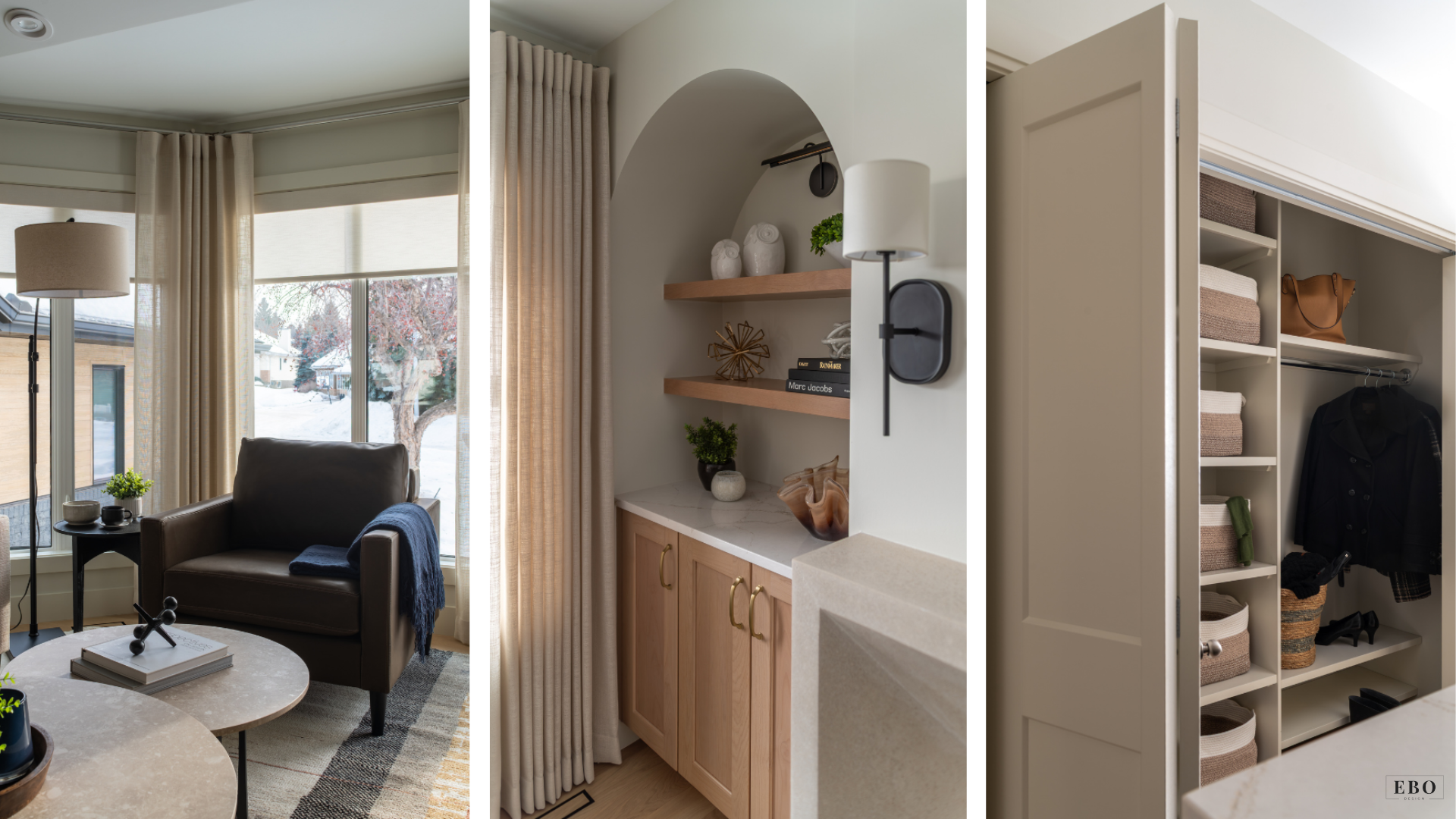 Three-panel collage showing a cozy winter reading corner, an arched built-in display shelf, and an organized entry closet with coat storage.