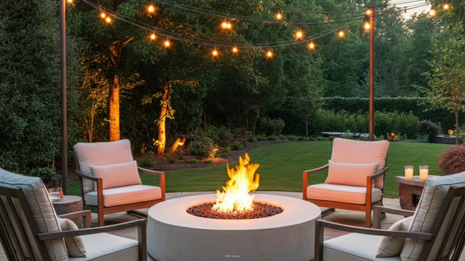 Evening backyard setting with warm string lights draped over a circular concrete fire pit and comfortable lounge chairs.