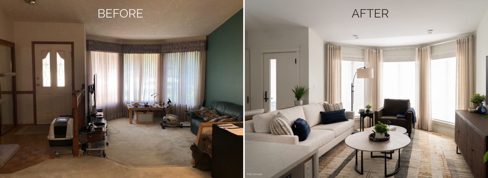 A side-by-side before and after comparison of a living room renovation. The dated, cluttered sunken living room is transformed into a bright, modern space with neutral furniture and airy window treatments.