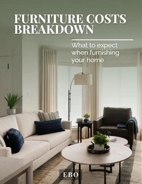 Cover of an EBO Design guide titled 'Furniture Costs Breakdown: What to expect when furnishing your home,' featuring a beige sofa, round coffee table, and dark armchair in a bright living room.