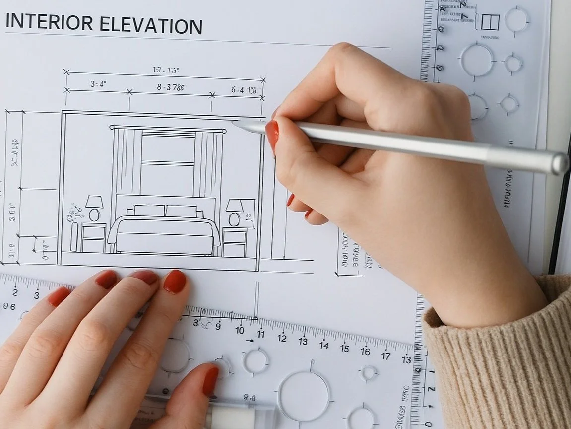 Hand drawing an interior elevation of a bedroom with precise measurements, showcasing professional interior design drafting and space planning.