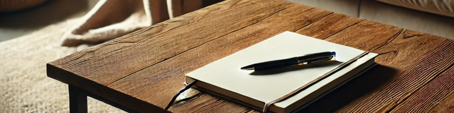 A cozy living room setting with a wooden coffee table in the foreground, featuring a closed notebook and pen. A beige sofa with a textured throw blanket and pillows sits in the background, alongside a woven pouf on a neutral rug.