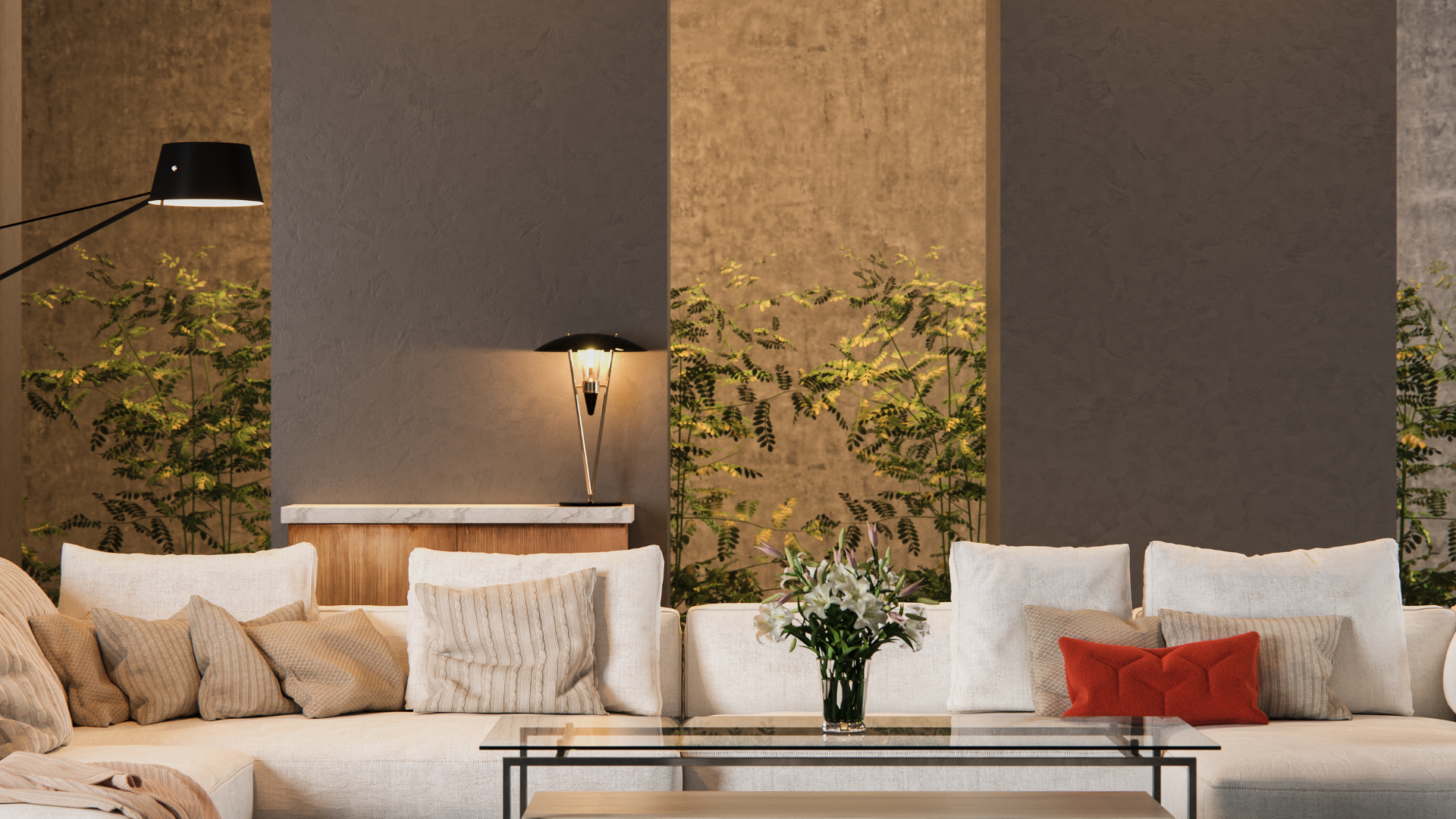 Modern living room with a large neutral sectional sofa, layered throw pillows, glass coffee table, warm accent lighting, and greenery behind textured wall panels, creating a cozy and sophisticated interior design aesthetic.