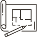 Line art icon of architectural blueprints and pencil representing the design phase — part of EBO Design’s interior design process in Edmonton.
