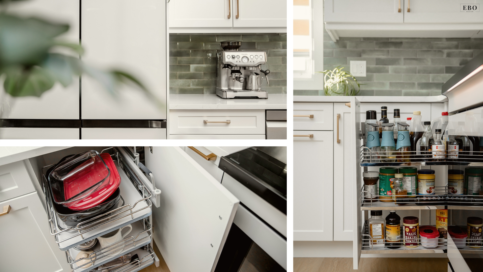 Collage showing smart kitchen storage solutions, including pull-out cabinet shelves, a spice rack pantry, and an espresso coffee station.