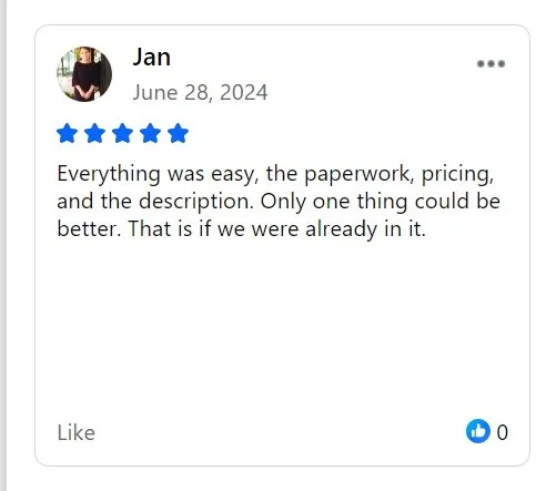 Online review with five stars from Jan dated June 28, 2024, praising ease of paperwork, pricing, and description, with a positive rating and no likes.