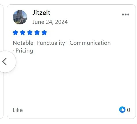 Screenshot of a review on a social media platform with a profile picture, five blue stars, a date of June 24, 2024, and comments mentioning punctuality, communication, and pricing.