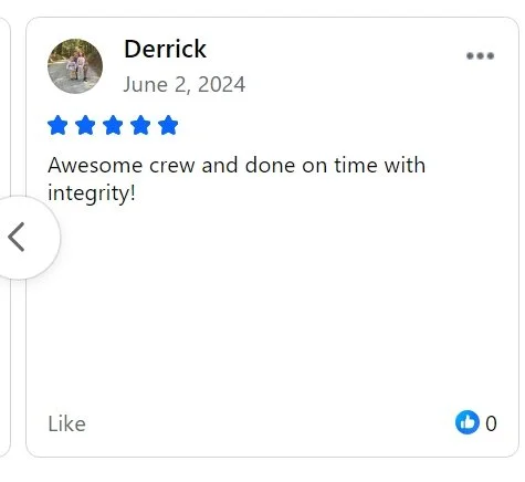 Screenshot of a Facebook review from Derrick dated June 2, 2024, with five stars and the comment 'Awesome crew and done on time with integrity!'