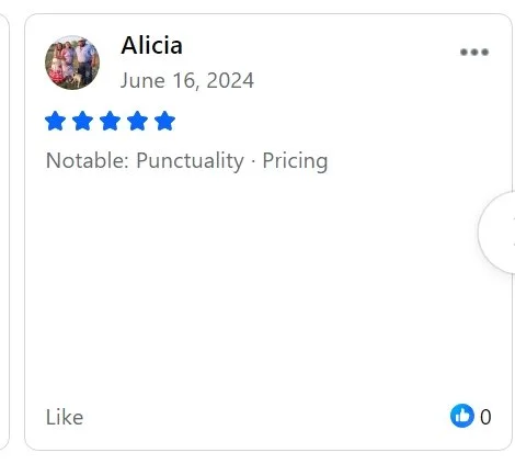 Screenshot of a Facebook review by Alicia, dated June 16, 2024, showing a five-star rating with notes on punctuality and pricing.