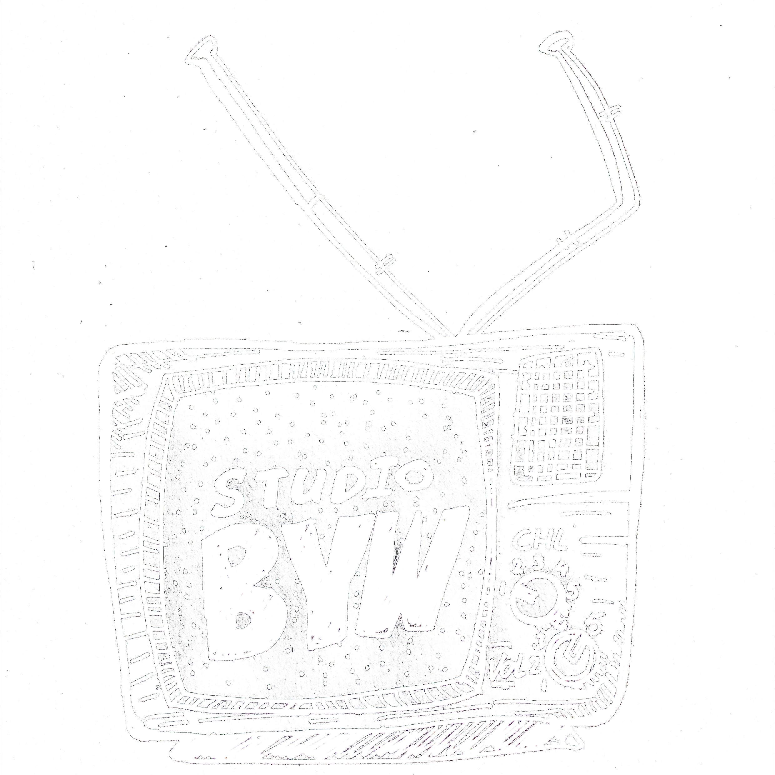 Black background with white chalk-style line drawing of a box of pizza with toppings, a pizza slice, and the word 'STUDIOS' inside the box.