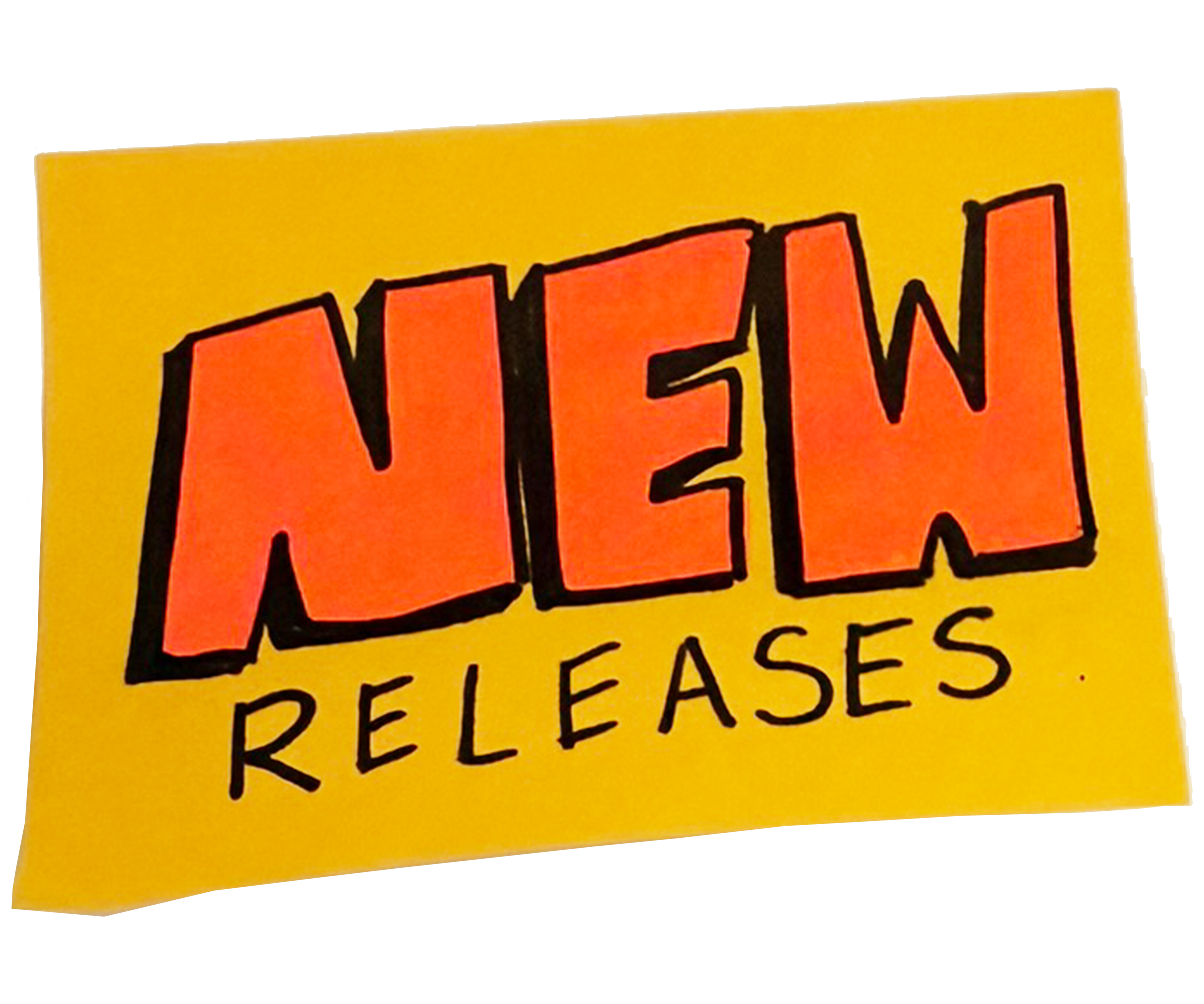Yellow sign with large orange letters saying "NEW" and black text below reading "RELEASES".