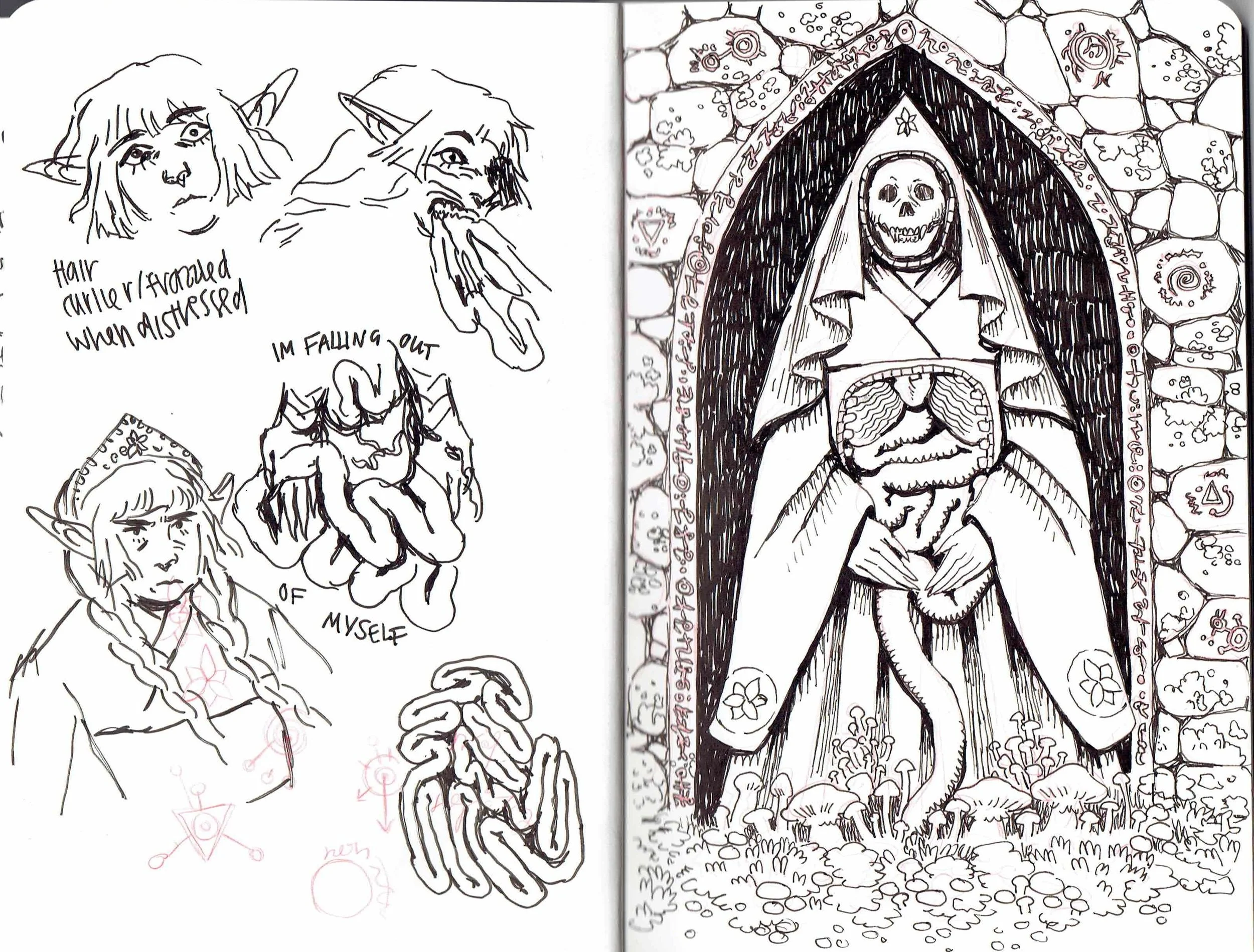 11/22/2025 sketchbook spread. I elaborated on a previous spread's sketch to create a fuller composition with more detailed line work.