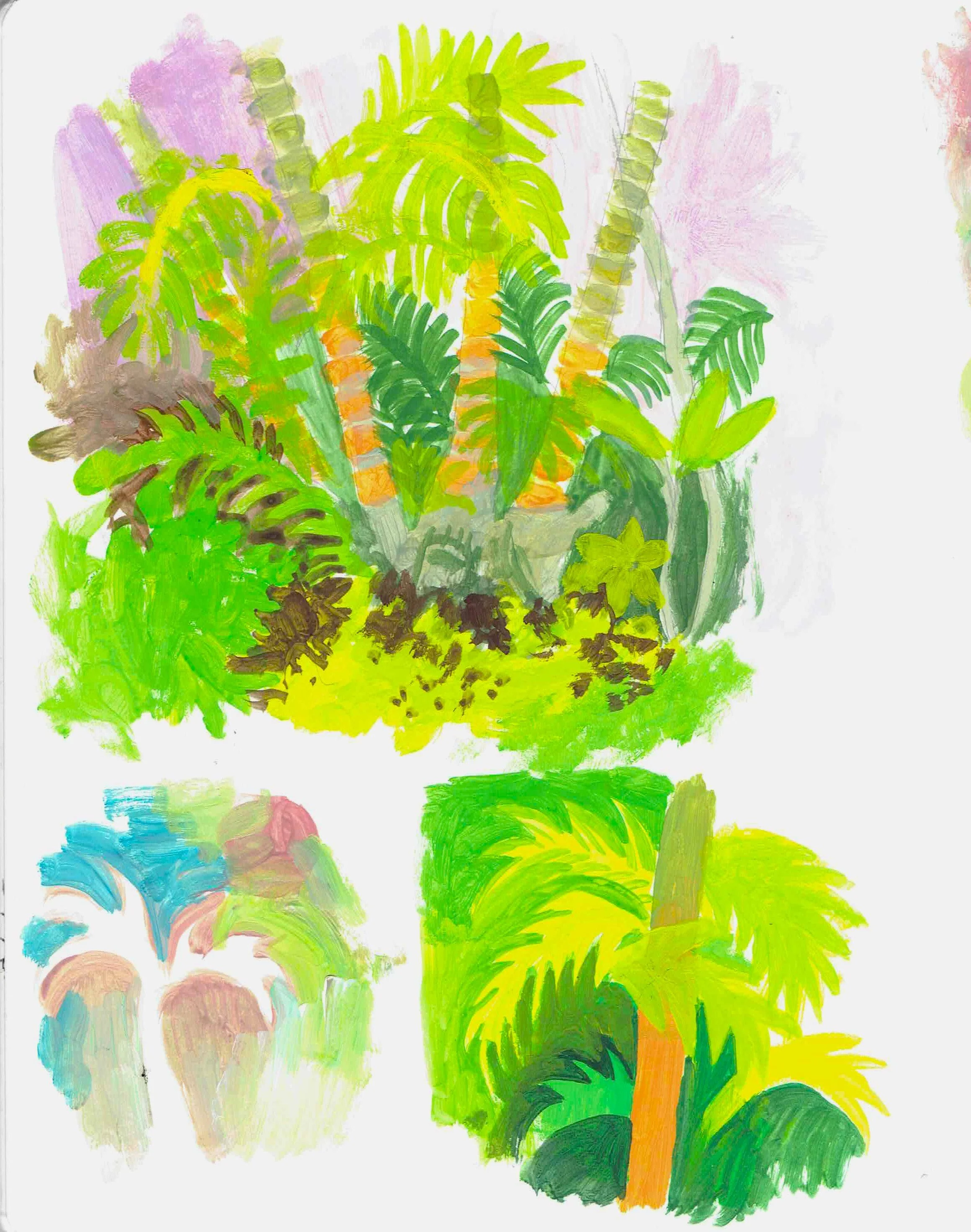 September 2026 sketchbook page. Gouache observation of a photo I took with style experiments.