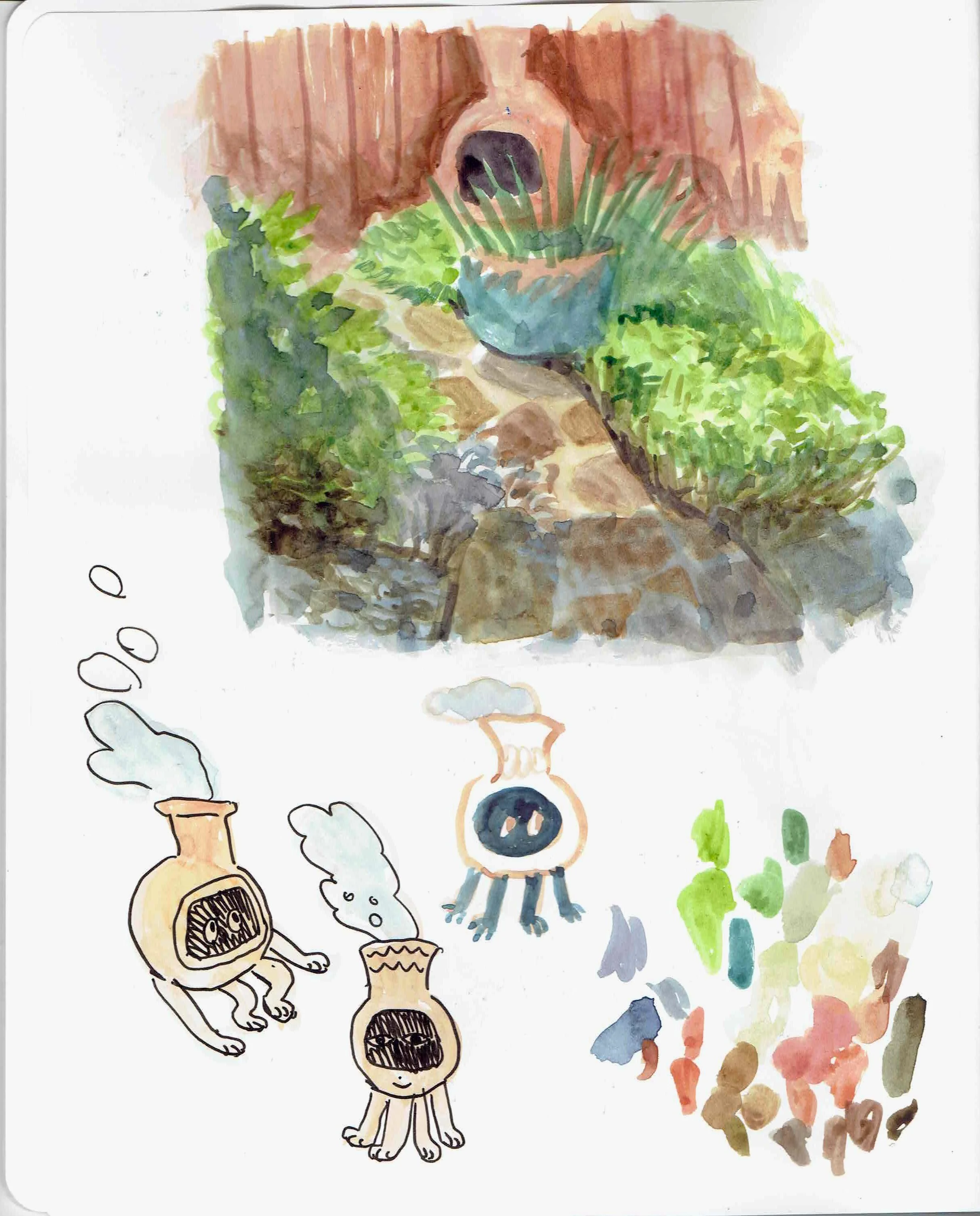 April 2026 sketchbook page. Backyard observation with character sketches.
