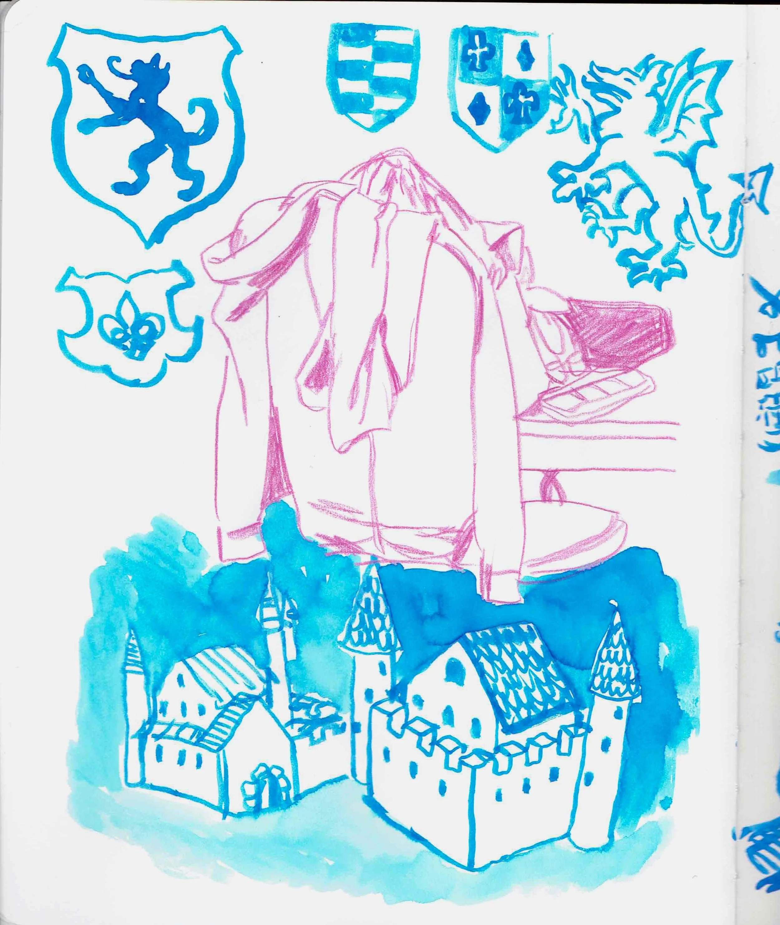 August 2026 sketchbook page. Observational drawing of my desk chair with some exploration of medieval heraldry and castles.