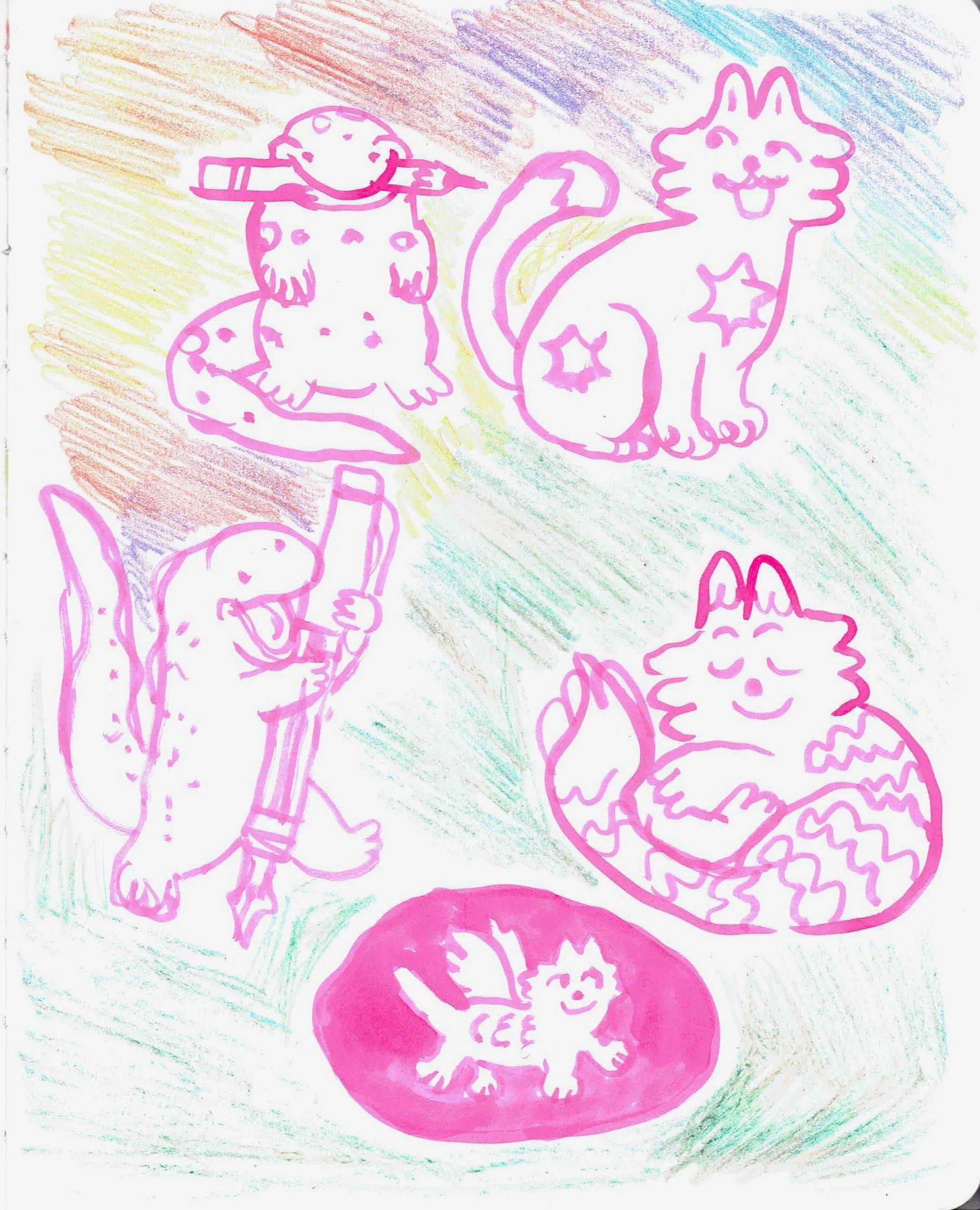 September 2026 sketchbook page. Additional sticker design sketches in ink. 