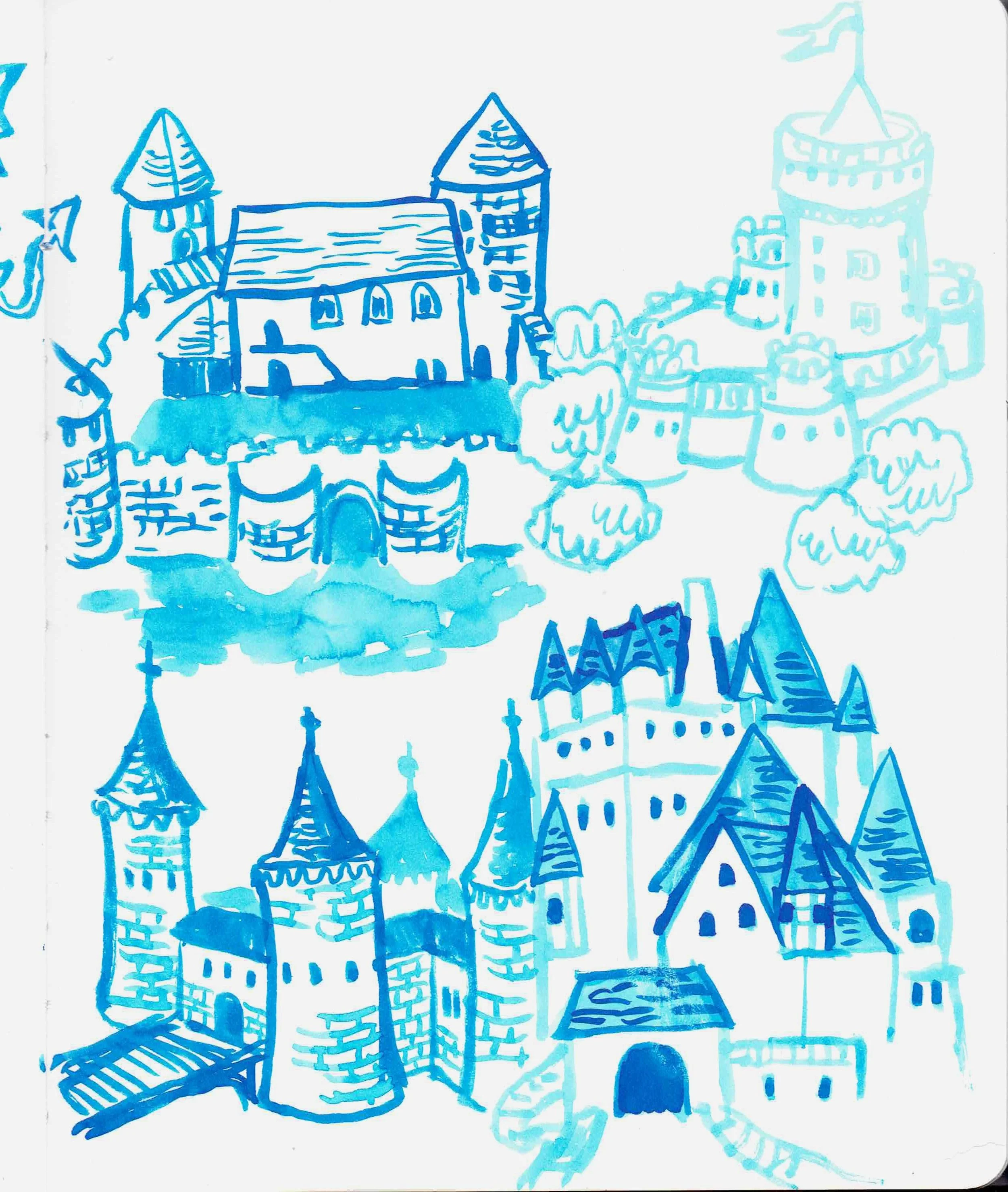 August 2026 sketchbook page. Observational sketches of castles. 