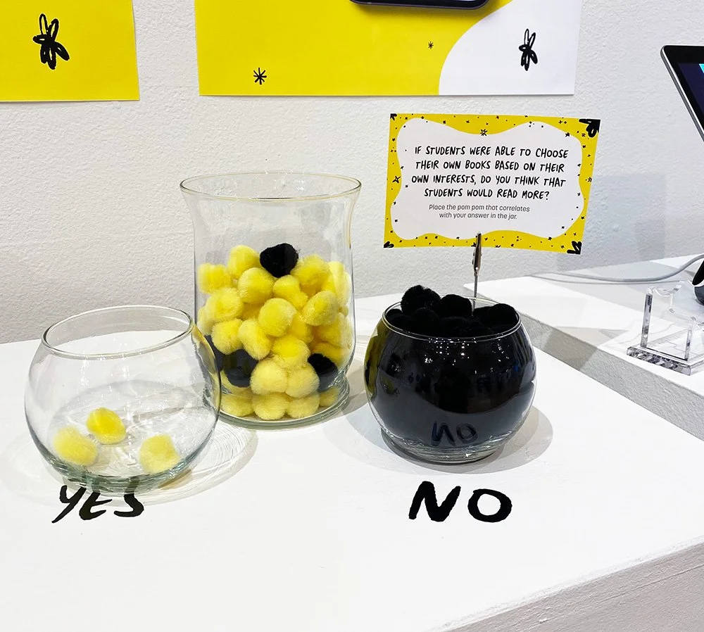 Glass jars labeled Yes and No with yellow and black pom-poms for a reading survey activity.