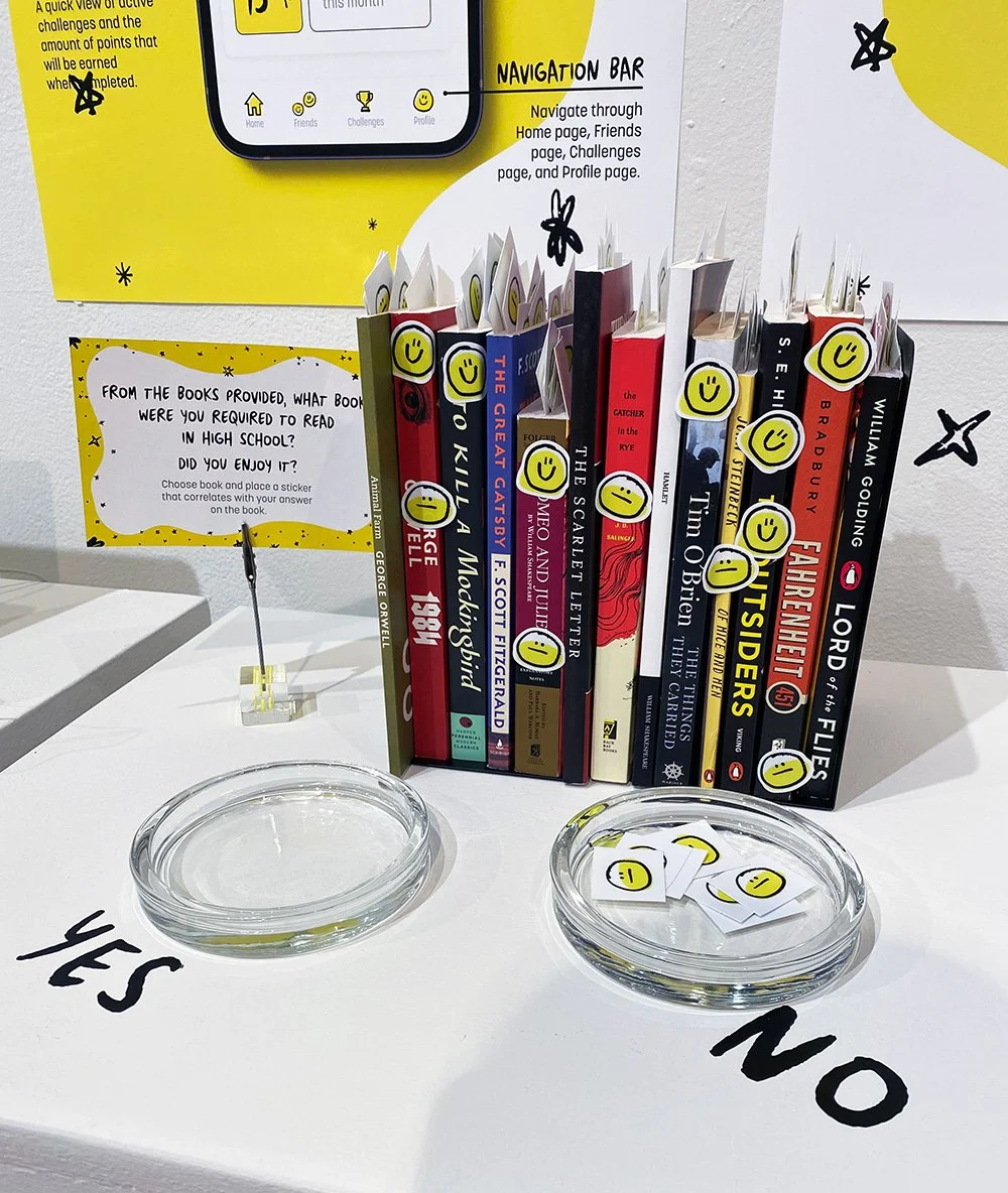 Stack of classic novels with smiley and neutral face stickers for an interactive reading preference display.