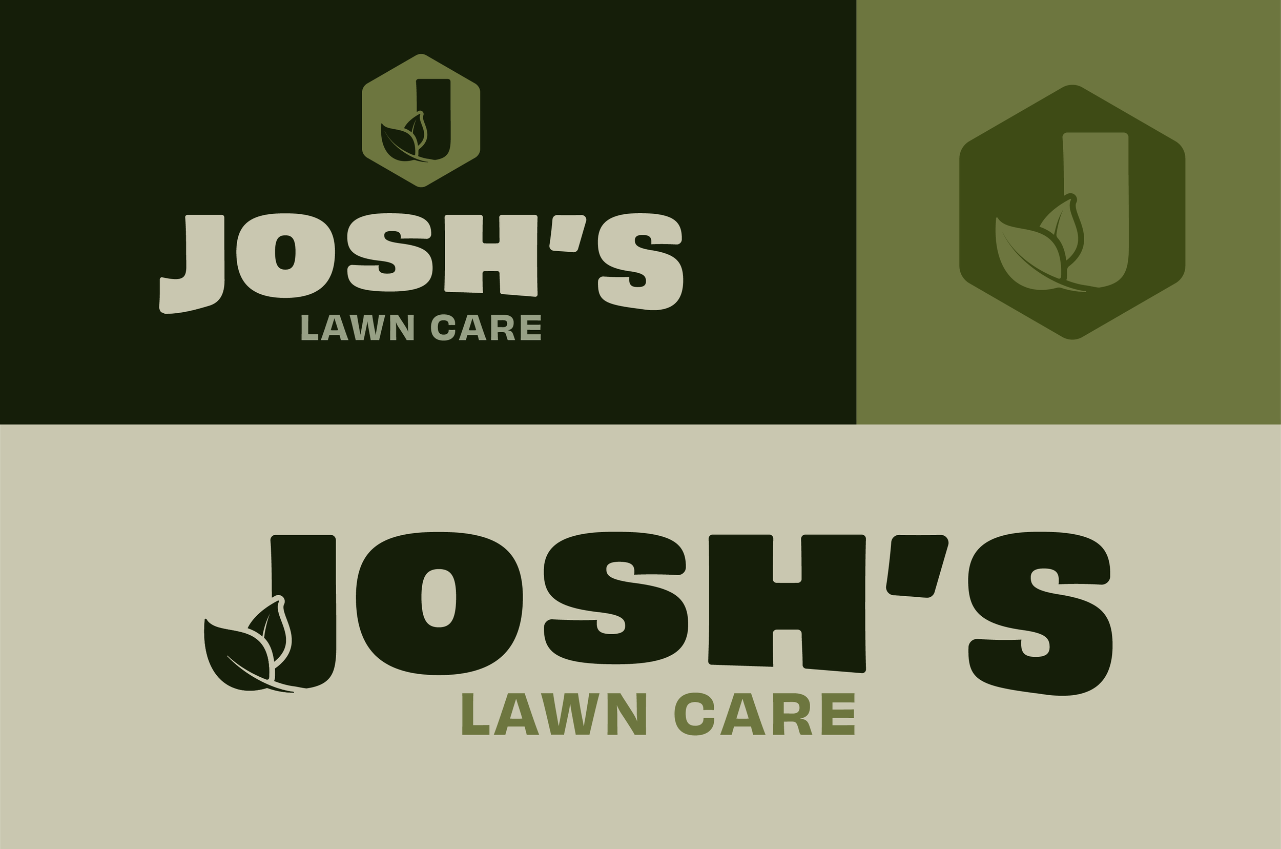 Josh’s Lawn Care logo variations featuring bold green typography and a leaf icon integrated into the letter J.