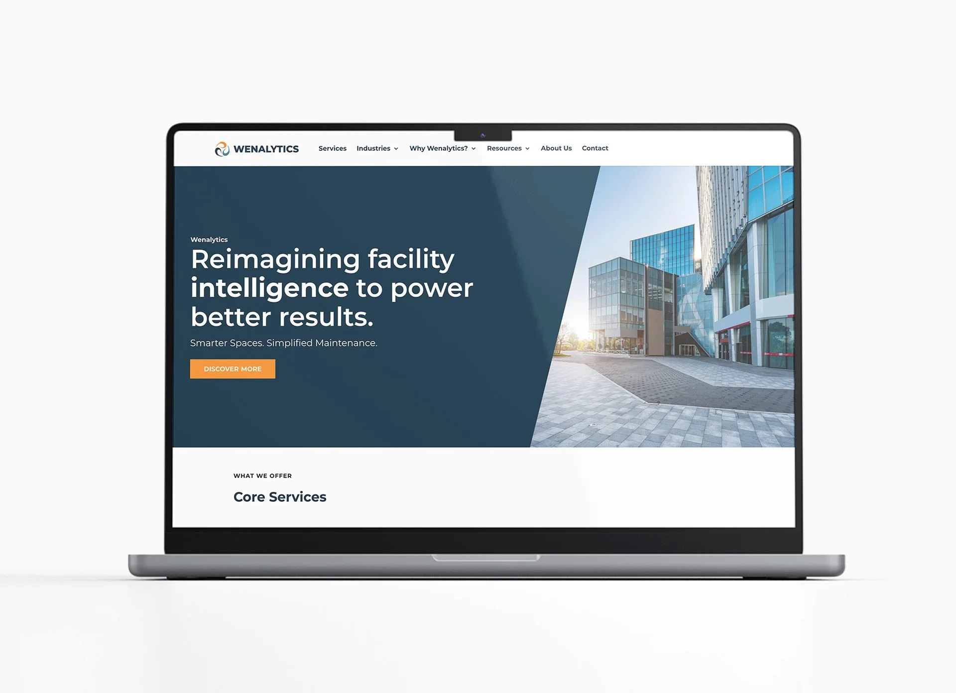 Wenalytics website homepage on laptop with facility intelligence tagline.