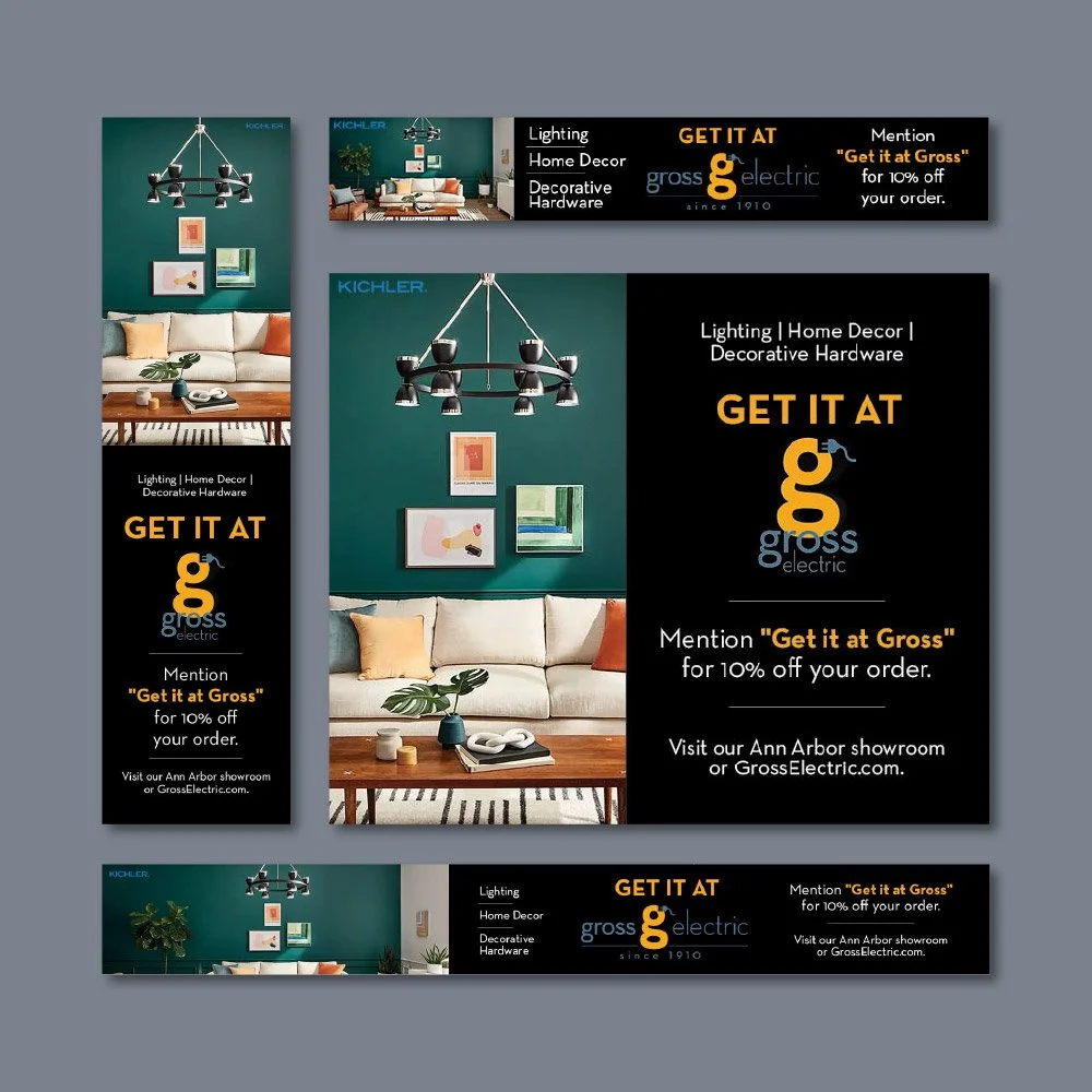 Digital ads promoting Gross Electric lighting and 10% off offer.