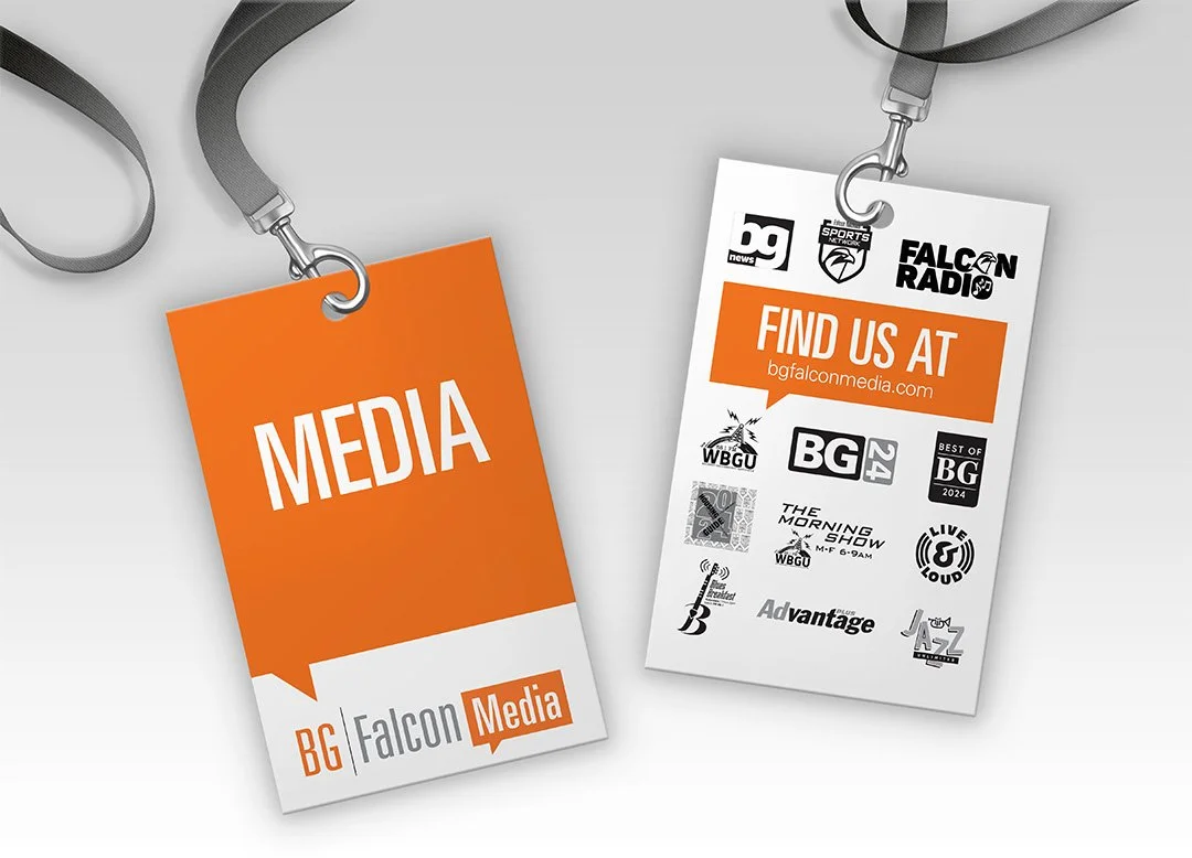 Two BG Falcon Media lanyard badges showing MEDIA branding and partner logos.