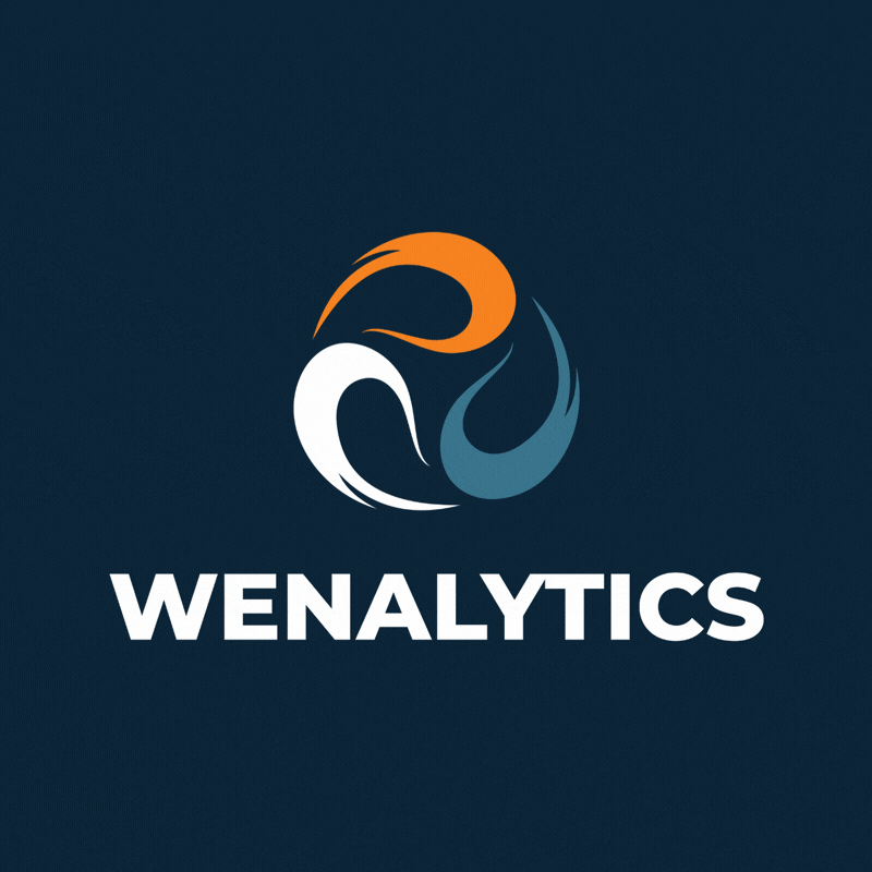 Wenalytics logo with swirl mark and bold wordmark on navy background.