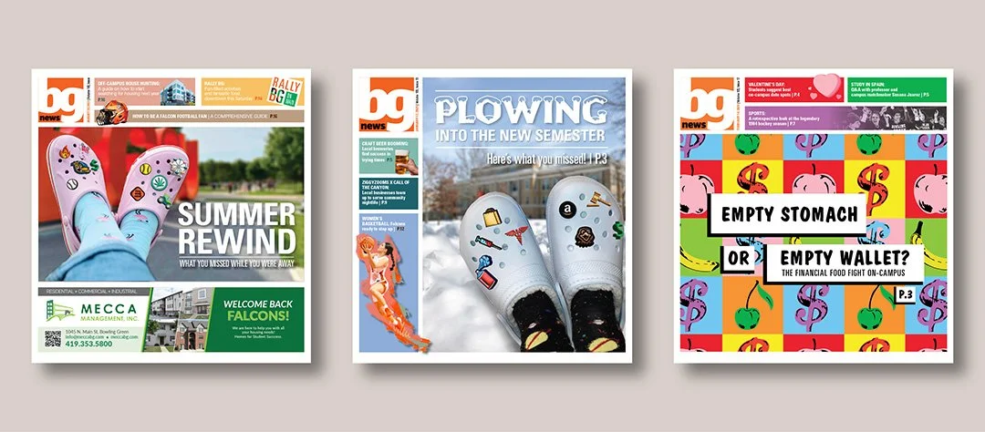 Three BG News front covers featuring bold headlines, student photography, and colorful graphic layouts.