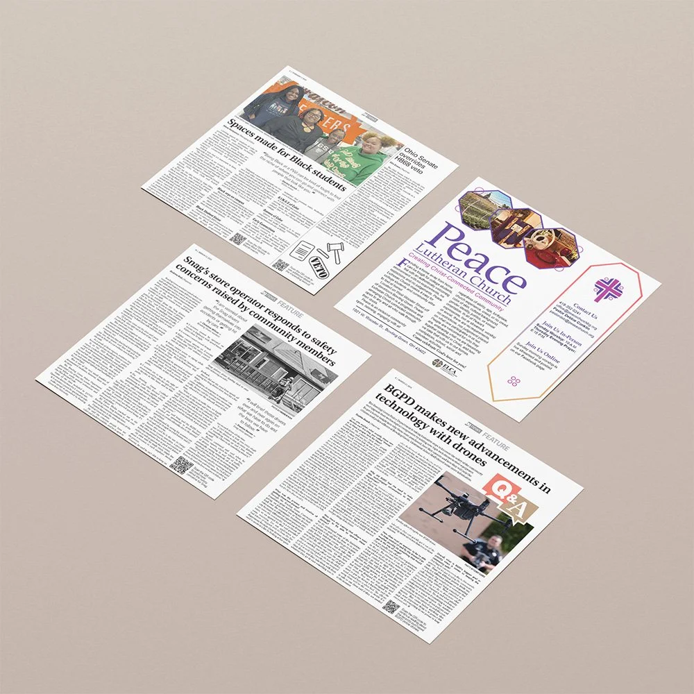 Assorted newspaper pages with feature articles, photos, advertisements, and editorial layouts.