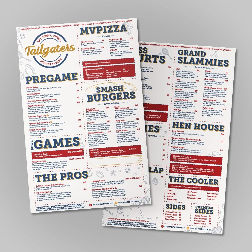Tailgaters Tavern sports bar food menu with pizza, smash burgers, wings, sides, and more.
