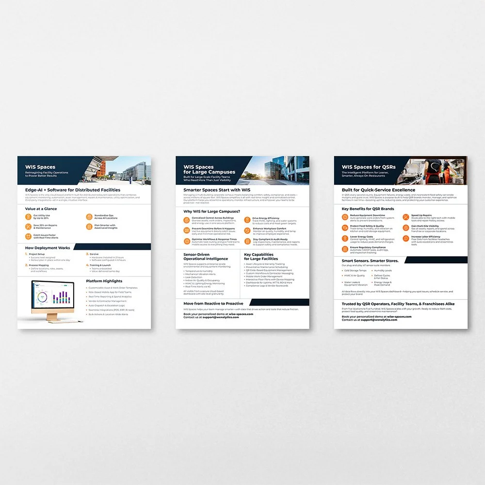 Wenalytics sell sheets highlighting facility intelligence solutions and key benefits.
