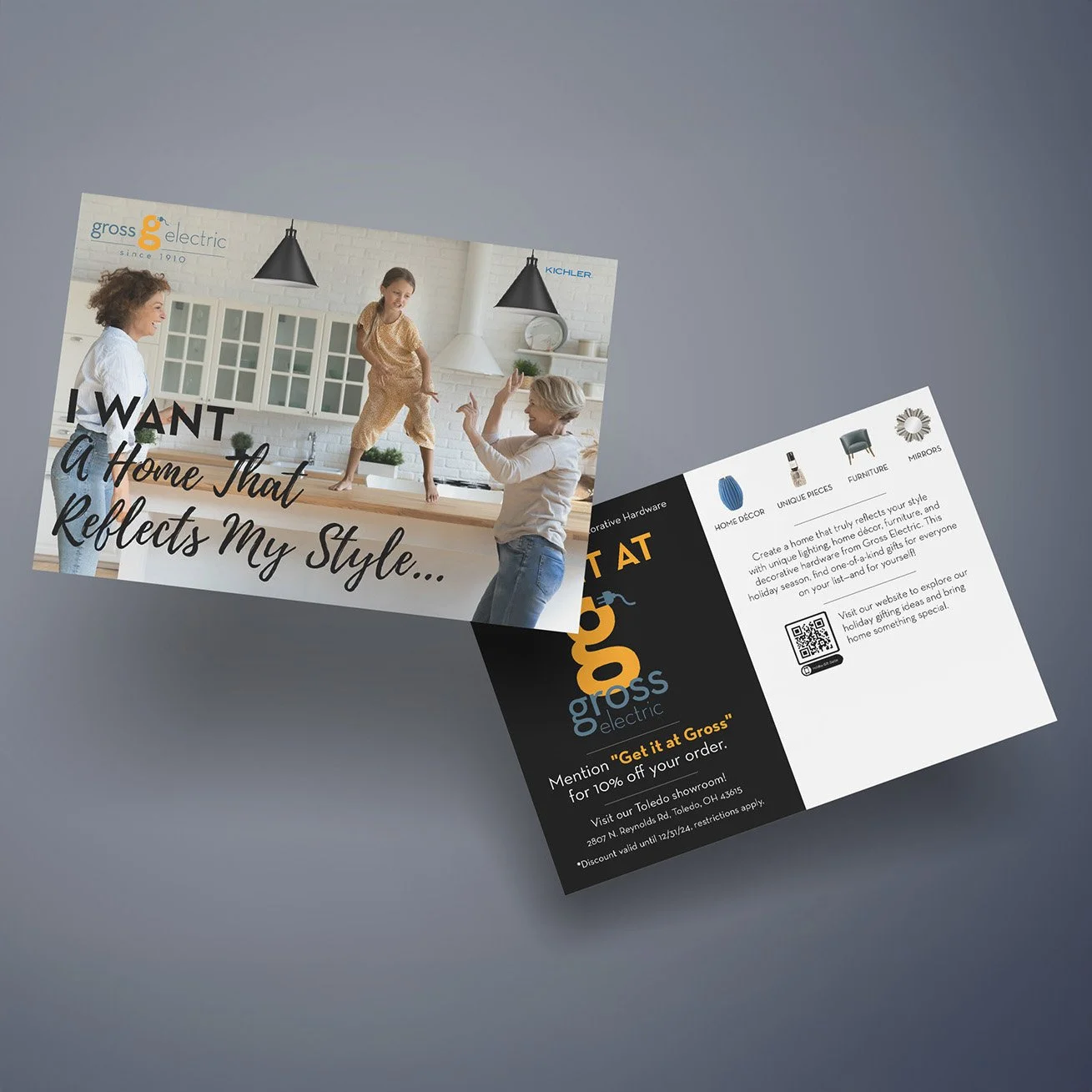 Gross Electric promo postcard with family kitchen scene and 10% discount offer.