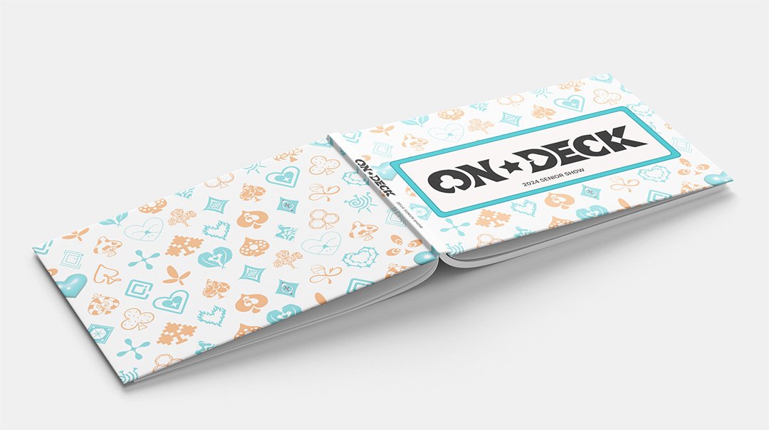 Horizontal book cover with pastel card suit pattern and bold title “ON DECK – 2024 Senior Show.”