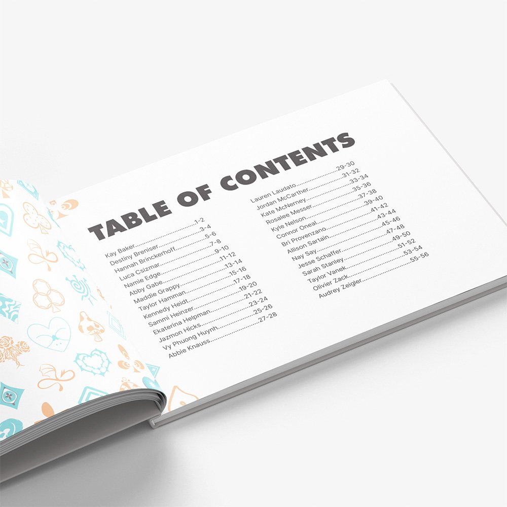 Open book showing a clean table of contents layout with student names and page numbers.