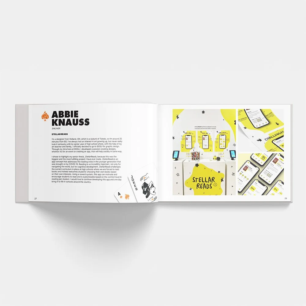 Open portfolio book spread featuring Abbie Knauss and the Stellar Reads project with images and description.