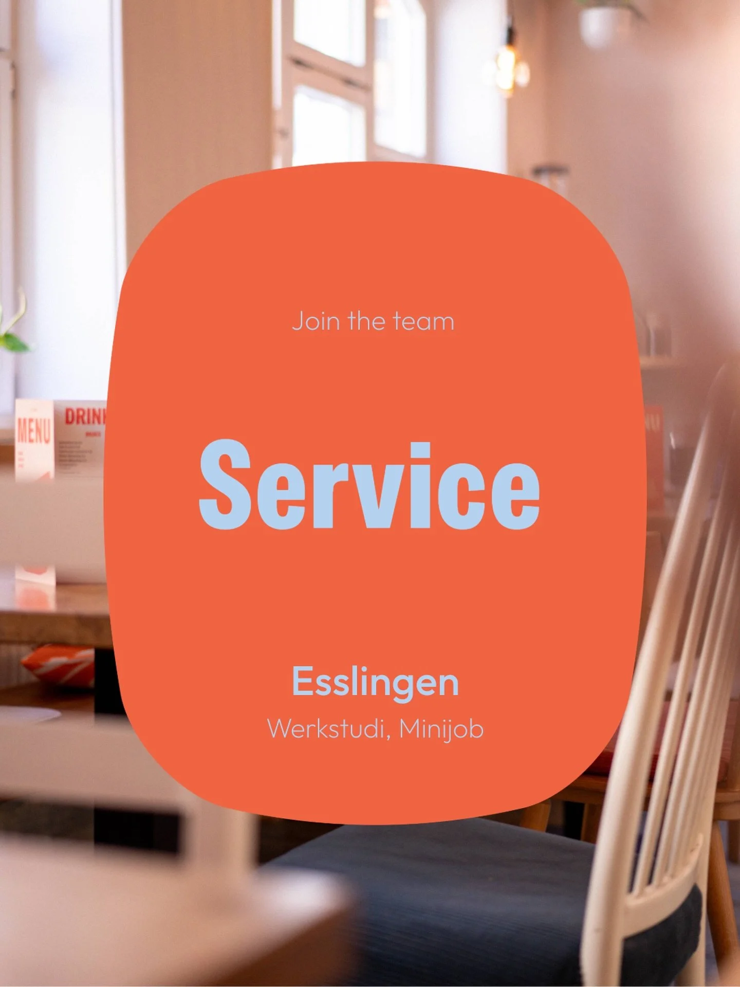 Service ✨

Du hast bereits Erfahrung im Service gesammelt und f&uuml;hlst dich wohl im Umgang mit Menschen? 

Du bleibst ruhig, auch wenns voll wird, beh&auml;ltst den &Uuml;berblick und hast Lust mit deiner offenen, freundlichen und selbstbewussten 