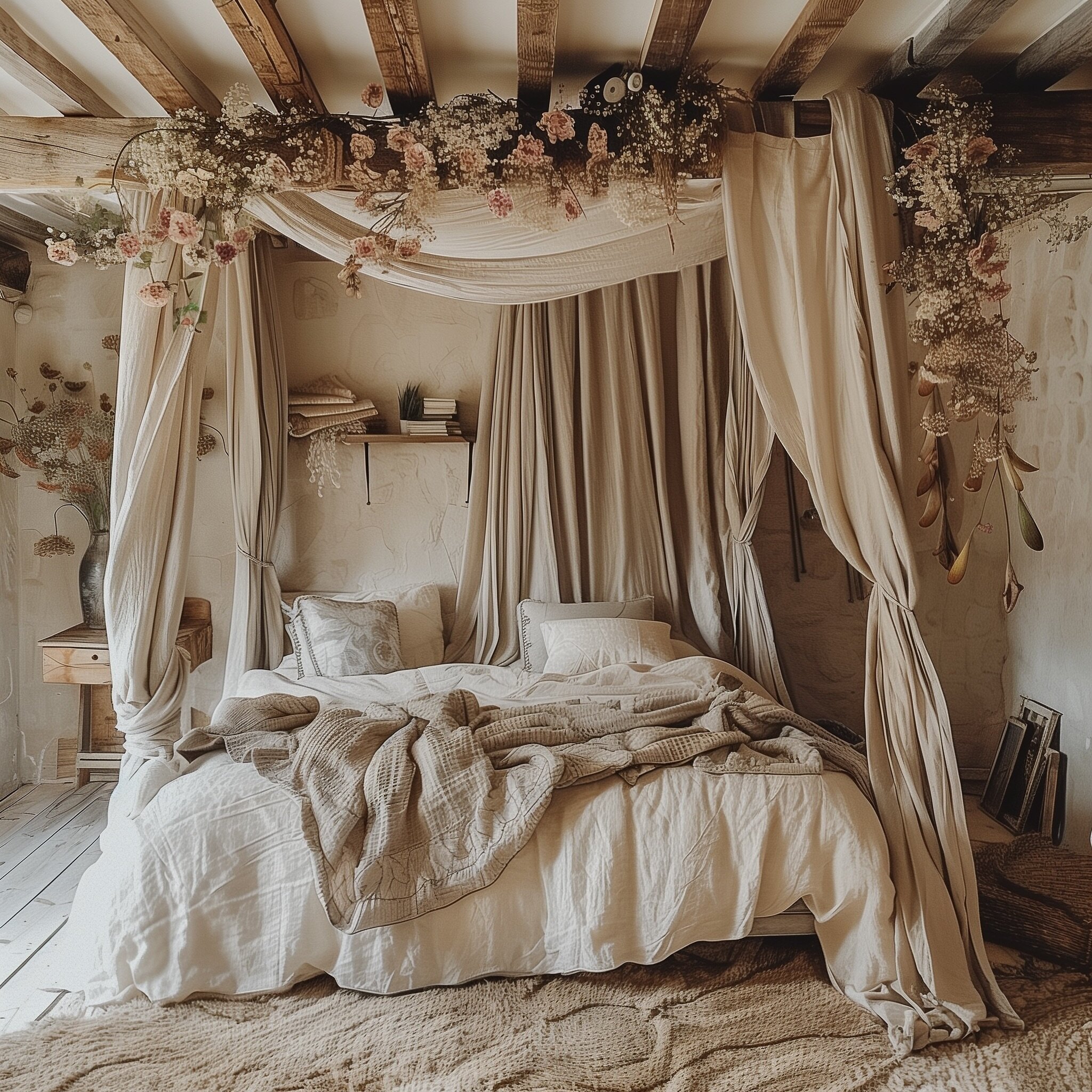 👇🏻The quickest way to transform your bedroom into a romantic haven🌸 Simply add a canopy to your bed and drape it with linen curtains, then sprinkle some flowers for that extra touch of romance. 💐💫 
_____________________
#RomanticRetreat #Bedroom