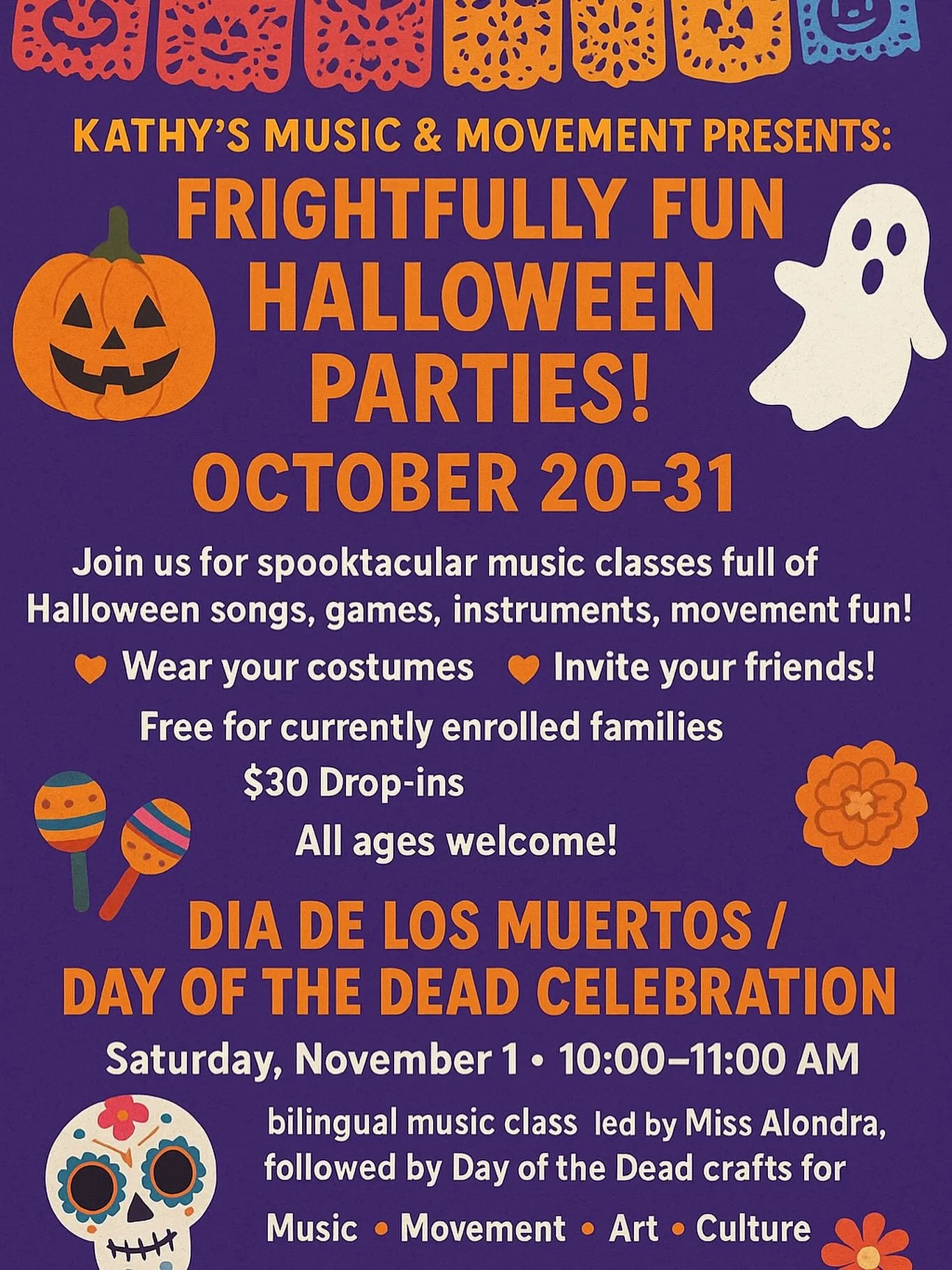 🎶👻 It&rsquo;s that time of year &mdash; let&rsquo;s make some frightfully fun music!
Join us at Kathy&rsquo;s Music &amp; Movement for spooktacular music classes:

🎃 Halloween Music Parties for 2 weeks!
🗓 October 20&ndash;31

Wear your costumes, 