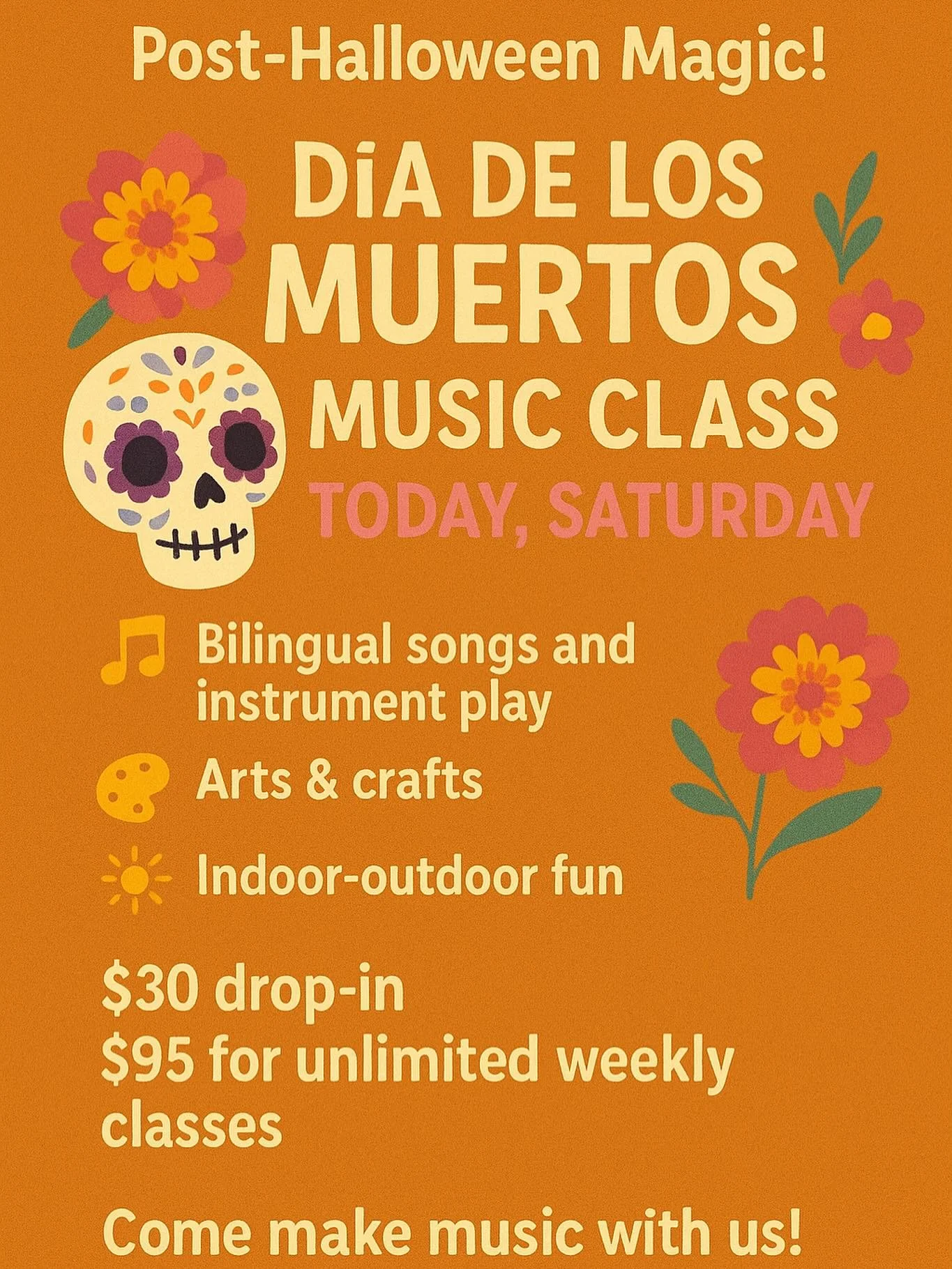 🎶 Keep the costumes &amp; music going!
💀 D&iacute;a de los Muertos Class Today- Sat 10 AM in our Santa Barbara studio. 2300 Garden 🌿 Street 
Indoor and outdoor fun + arts and crafts.
Bilingual music, instrument play, arts &amp; crafts, indoor/outd
