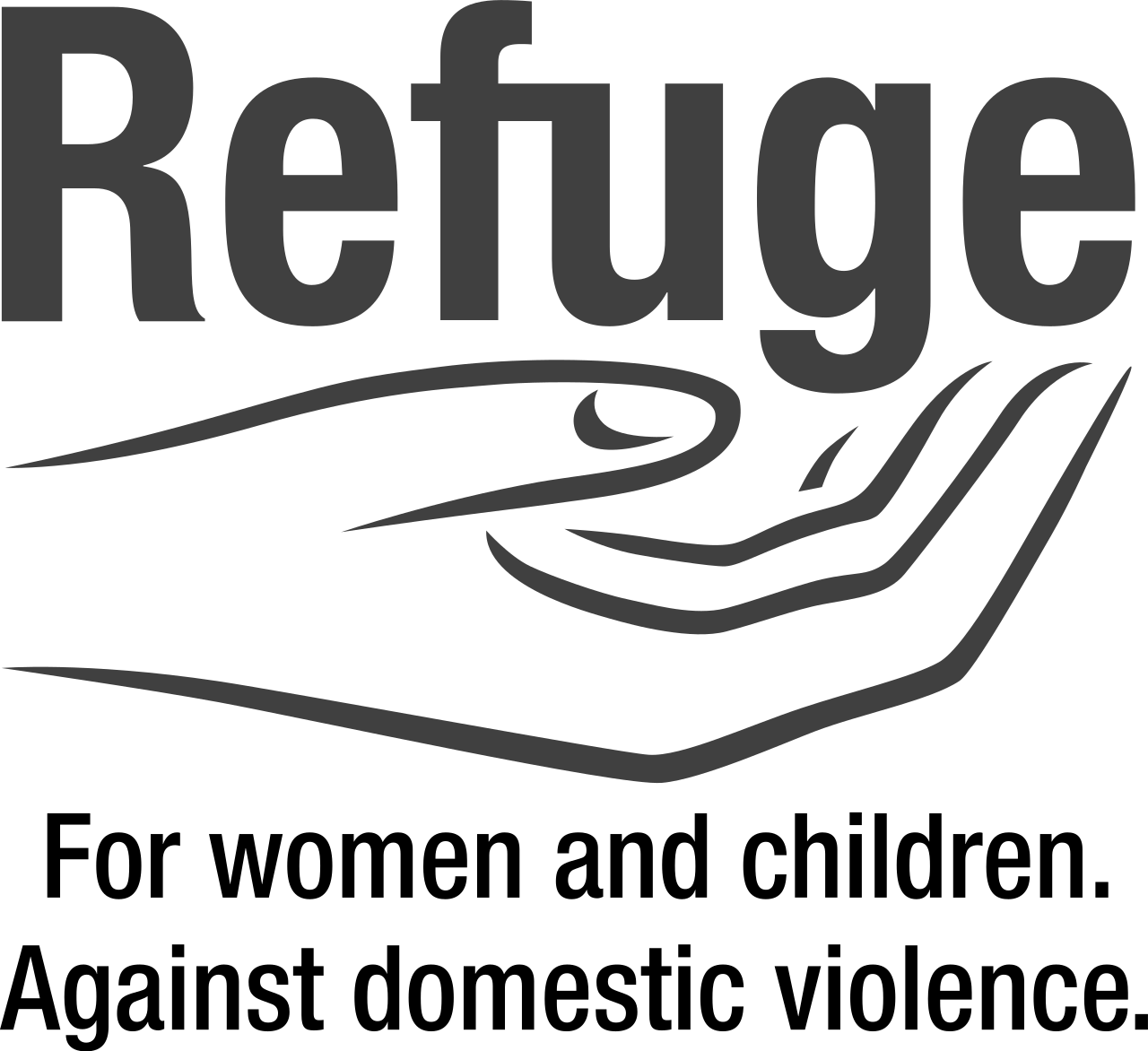Refuge logo with two hands and text: For women and children. Against domestic violence.