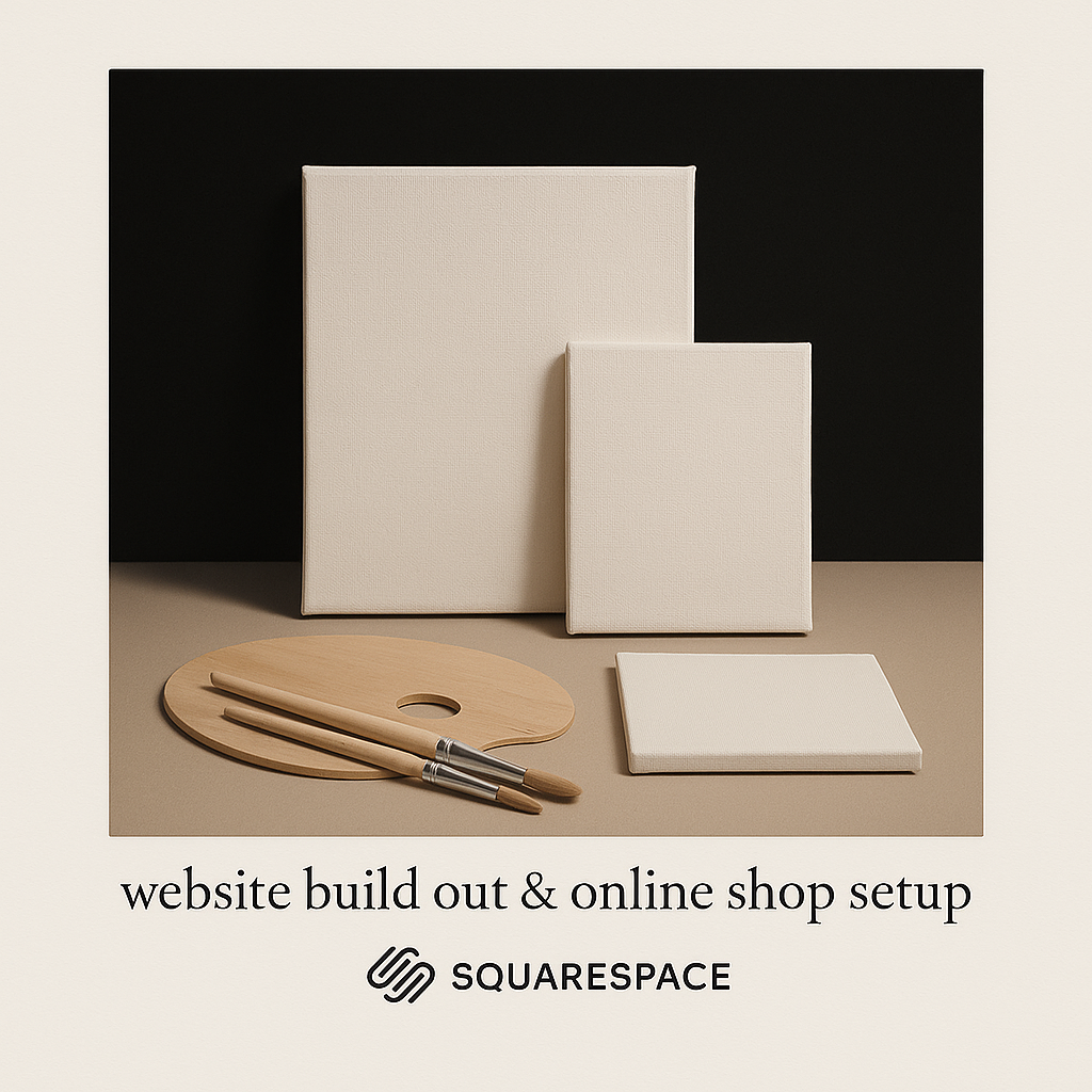 A flat lay of art supplies, including two white canvases, a wooden painter's palette, and two brushes, with a black background and a beige surface, promoting Squarespace's website build out and online shop setup.
