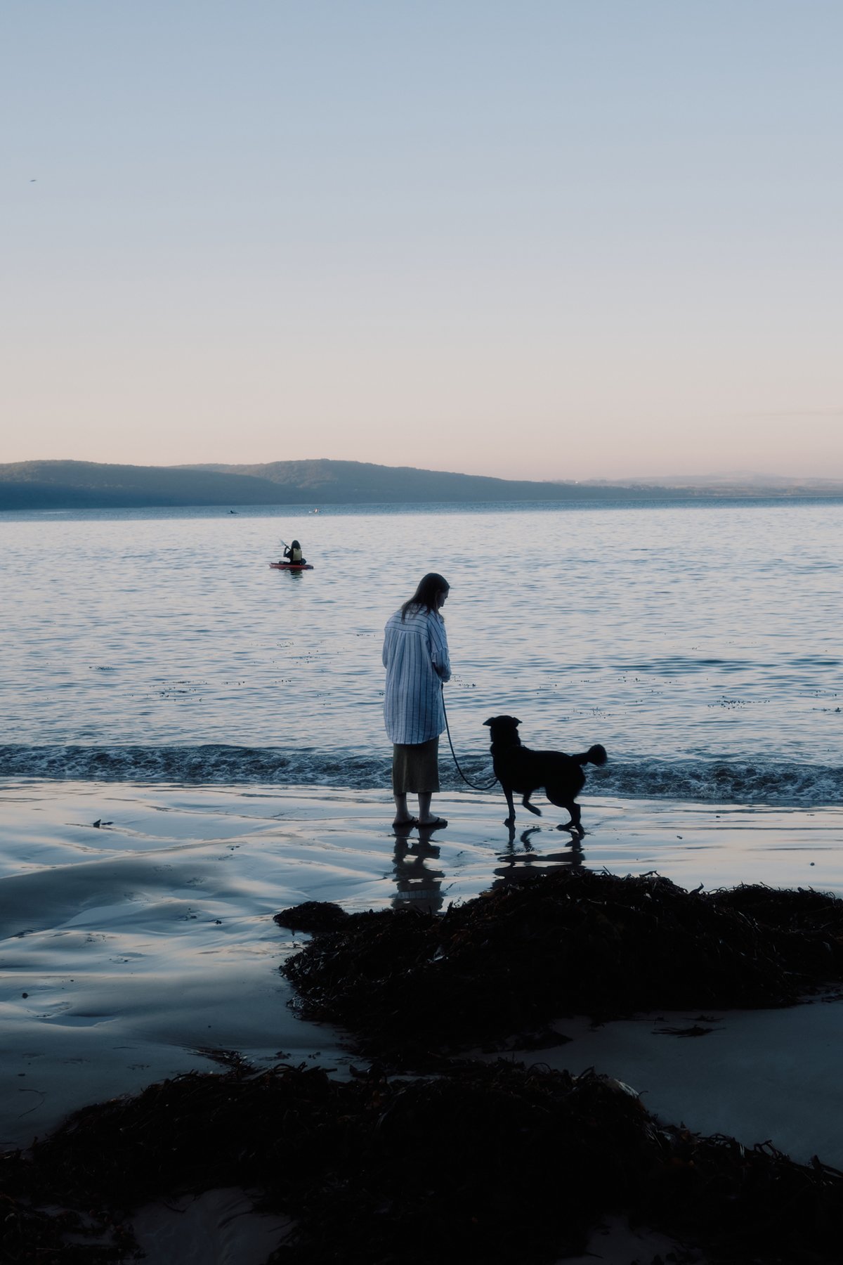 A person standing in the water on a beach with a dog, with a woman walking the dog on a leash, and kayakers in the distance on a peaceful lake or ocean during sunset or early evening.