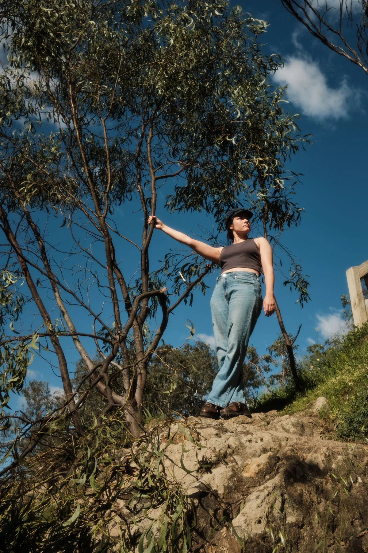 Woman standing on rocky terrain next to a tree, reaching out to a branch, with blue sky and scattered clouds in the background.